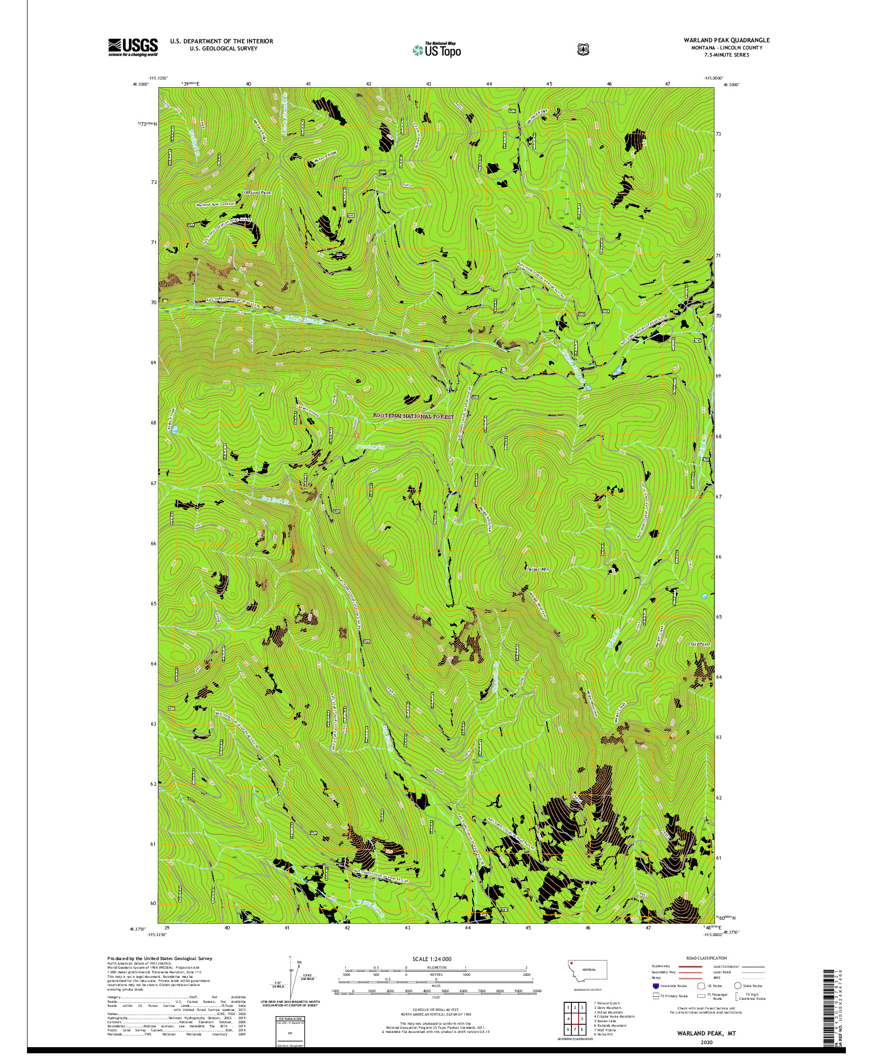 USGS US TOPO 7.5-MINUTE MAP FOR WARLAND PEAK, MT 2020