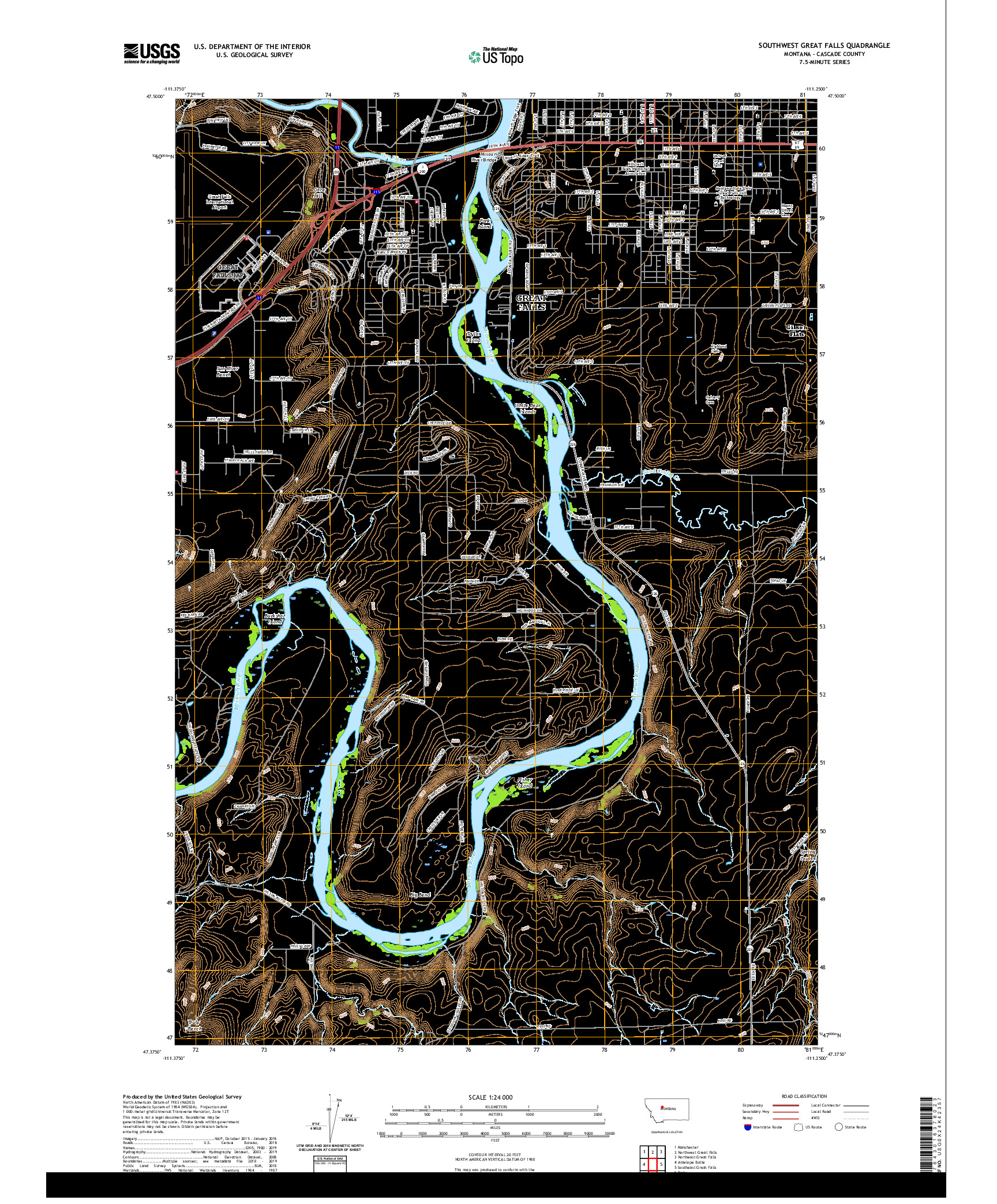USGS US TOPO 7.5-MINUTE MAP FOR SOUTHWEST GREAT FALLS, MT 2020