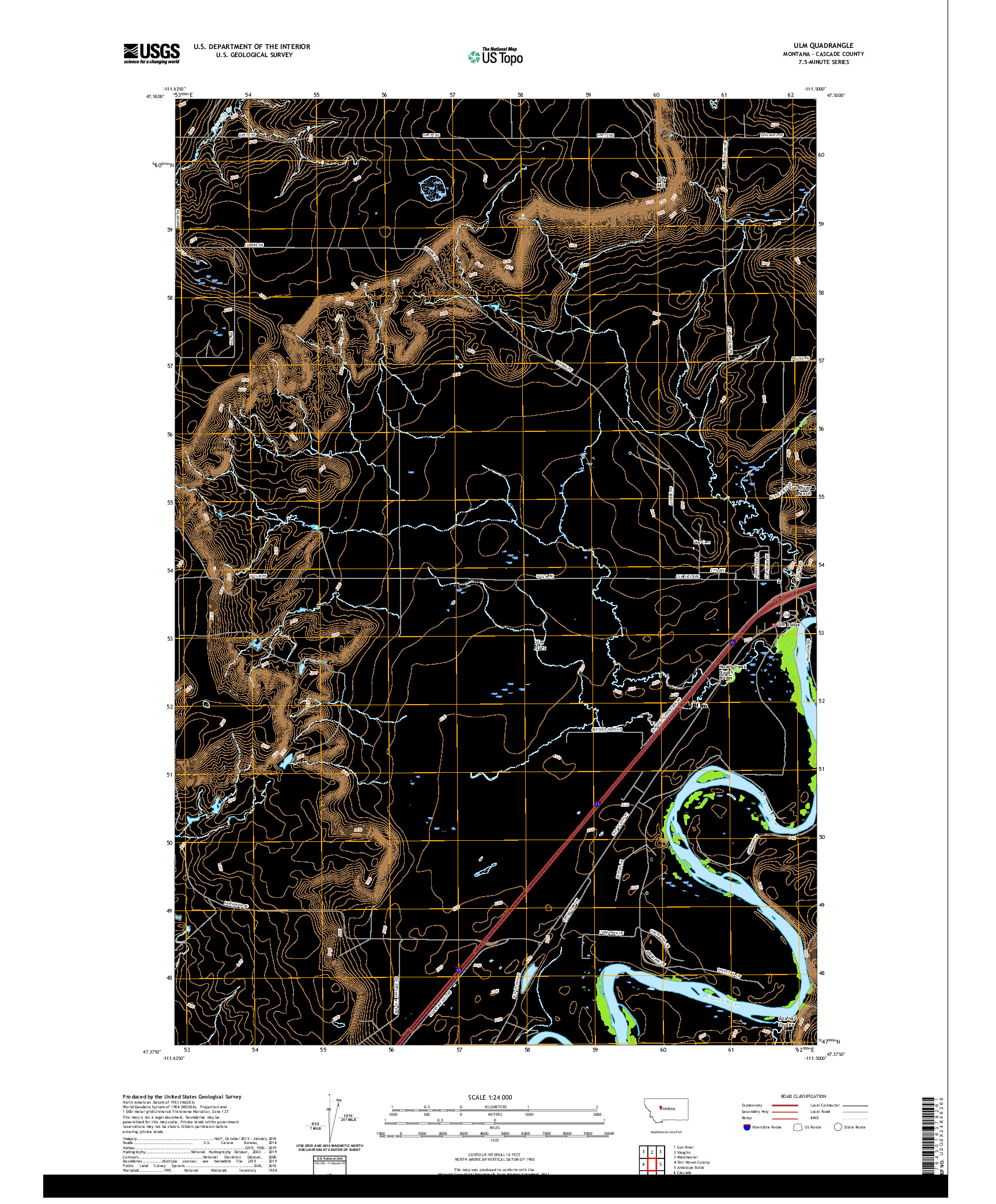 USGS US TOPO 7.5-MINUTE MAP FOR ULM, MT 2020