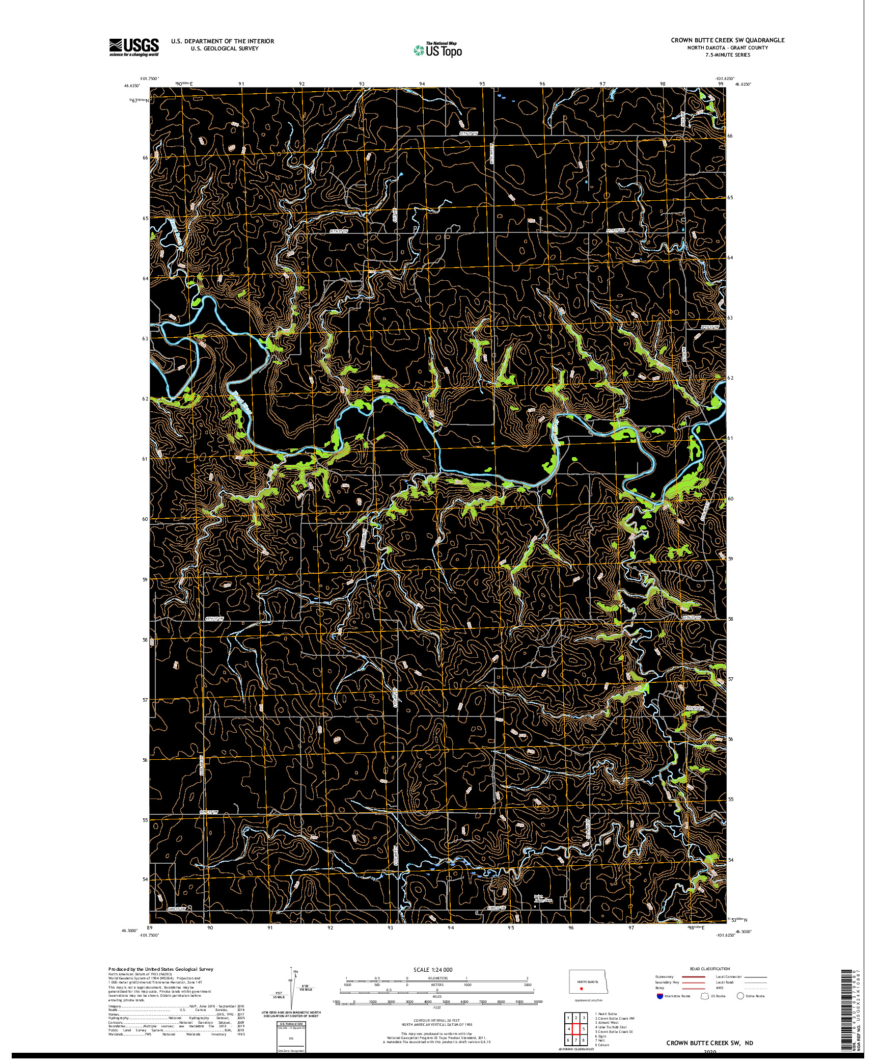 USGS US TOPO 7.5-MINUTE MAP FOR CROWN BUTTE CREEK SW, ND 2020