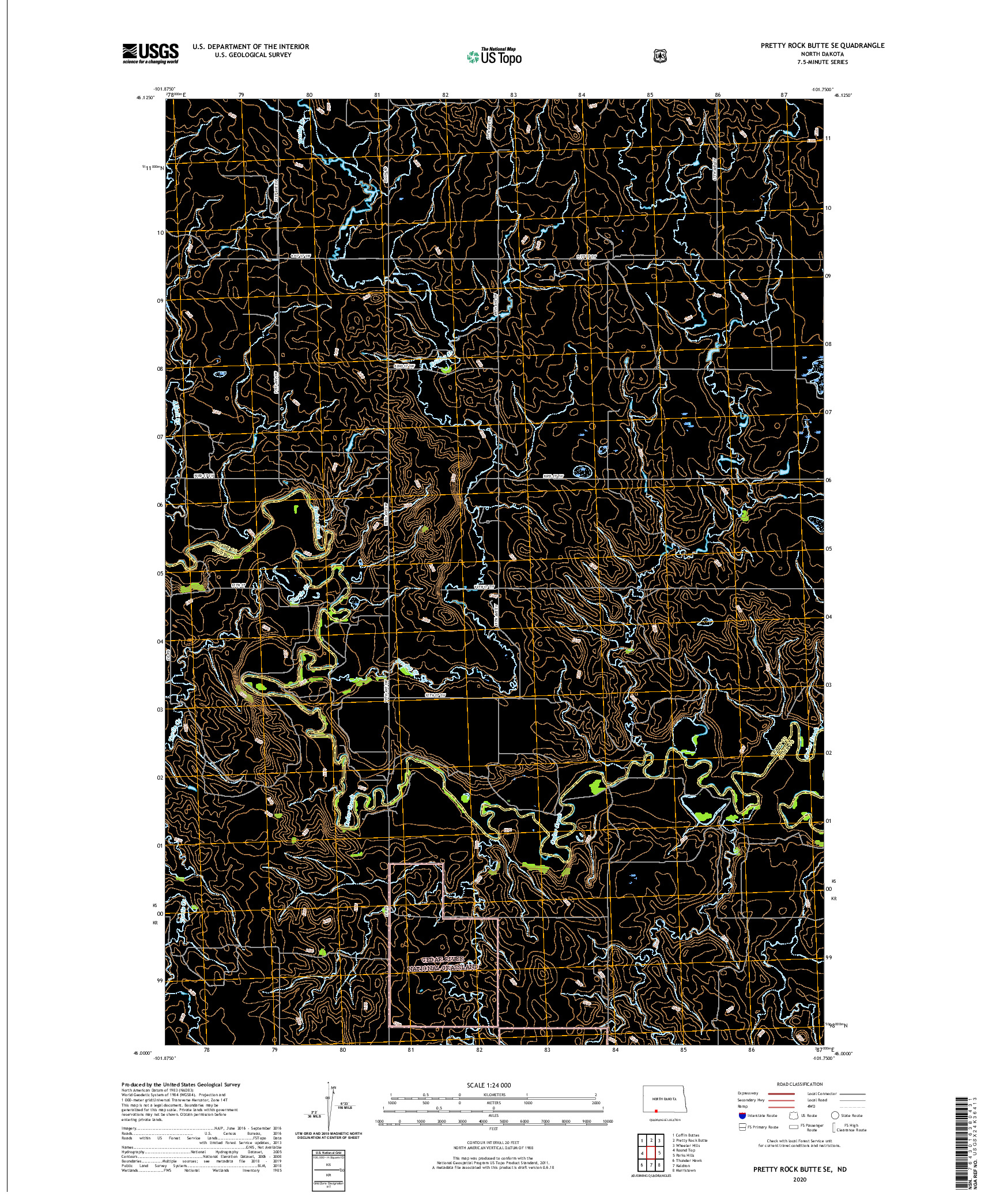 USGS US TOPO 7.5-MINUTE MAP FOR PRETTY ROCK BUTTE SE, ND 2020