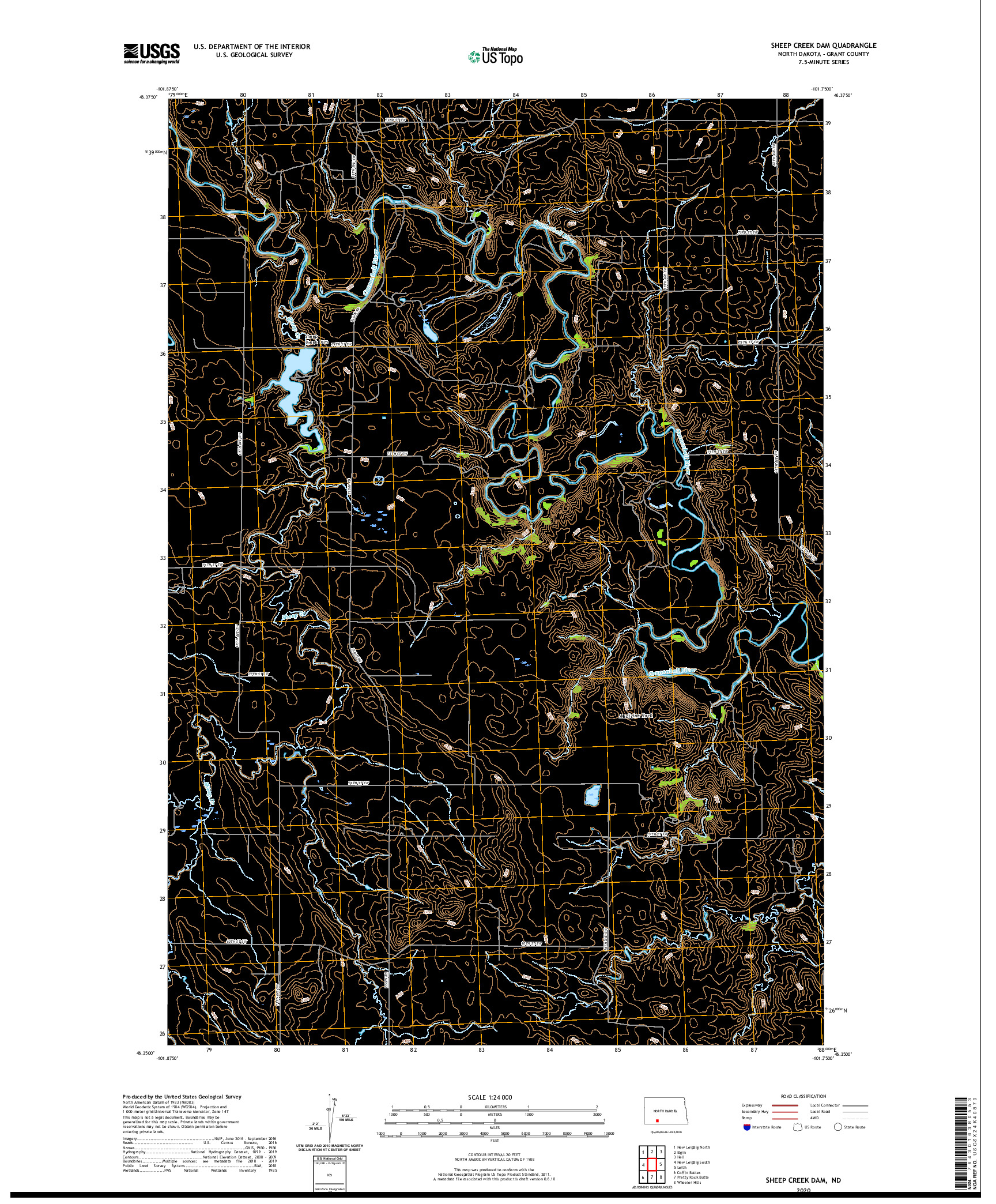 USGS US TOPO 7.5-MINUTE MAP FOR SHEEP CREEK DAM, ND 2020