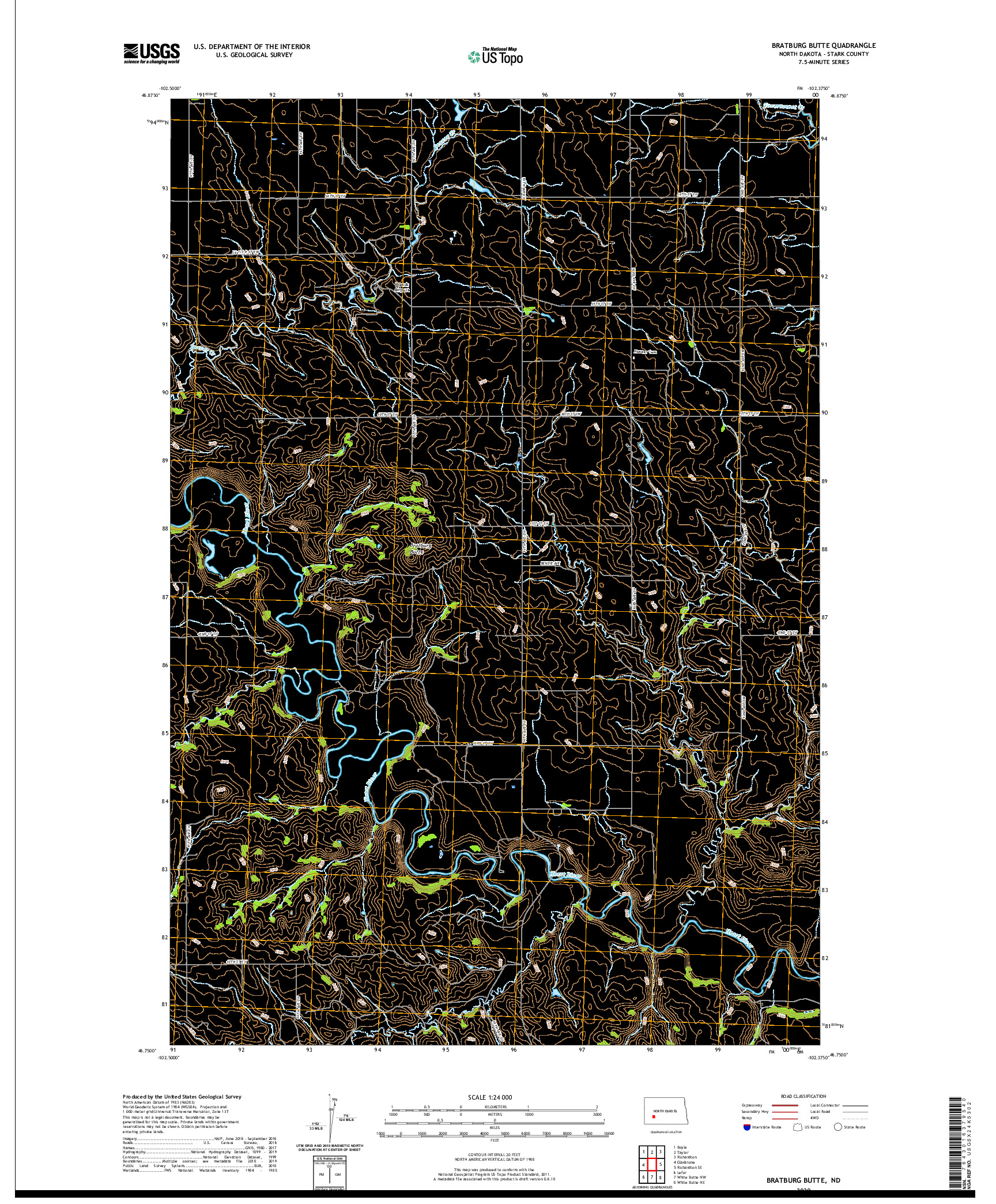 USGS US TOPO 7.5-MINUTE MAP FOR BRATBURG BUTTE, ND 2020