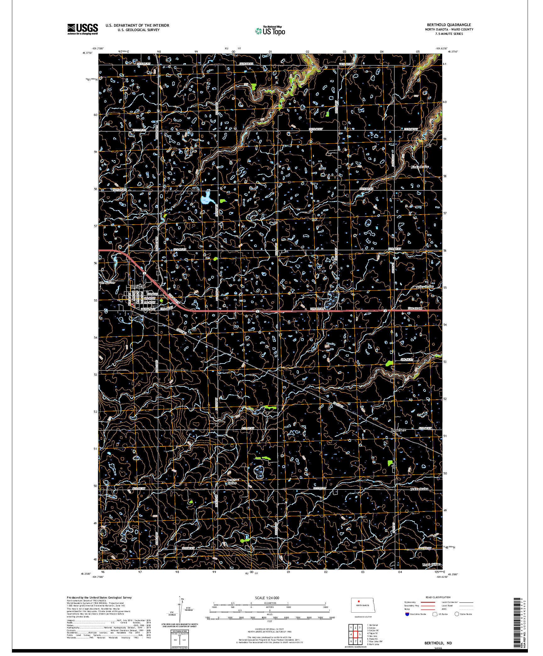 USGS US TOPO 7.5-MINUTE MAP FOR BERTHOLD, ND 2020