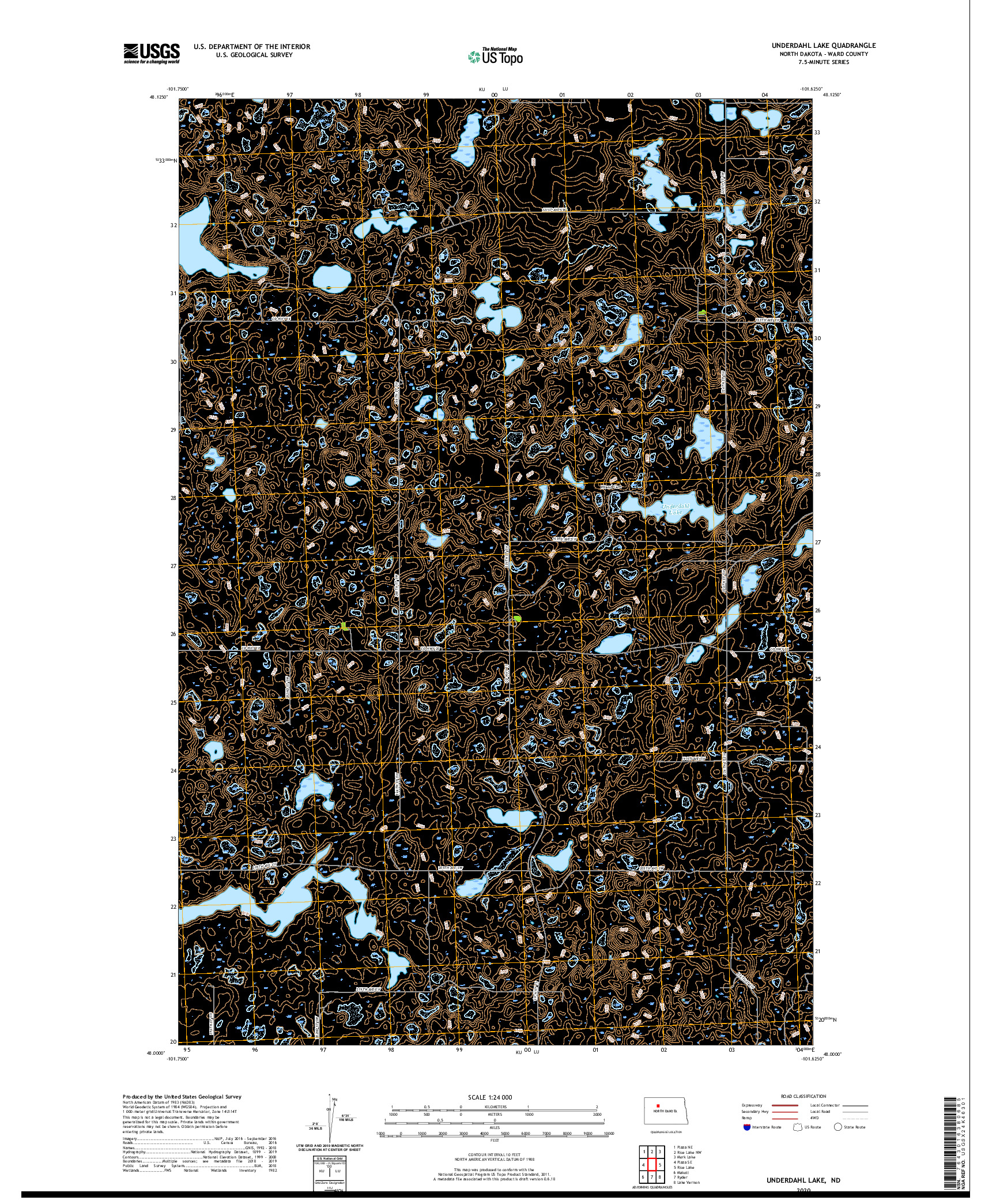 USGS US TOPO 7.5-MINUTE MAP FOR UNDERDAHL LAKE, ND 2020