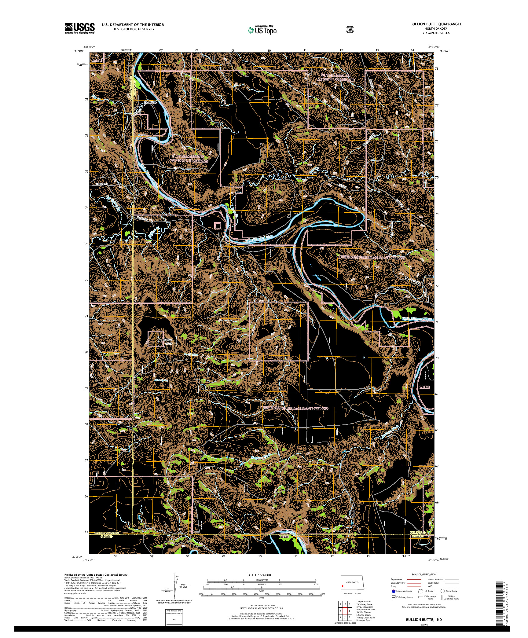 USGS US TOPO 7.5-MINUTE MAP FOR BULLION BUTTE, ND 2020