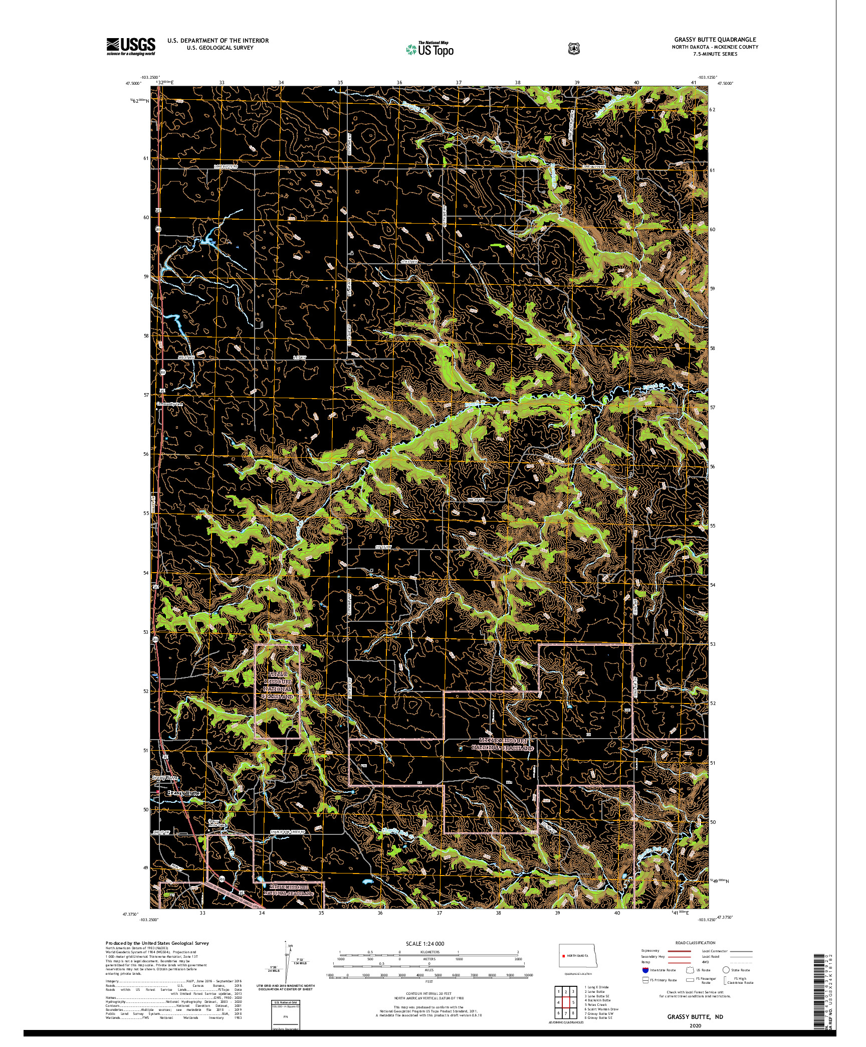 USGS US TOPO 7.5-MINUTE MAP FOR GRASSY BUTTE, ND 2020
