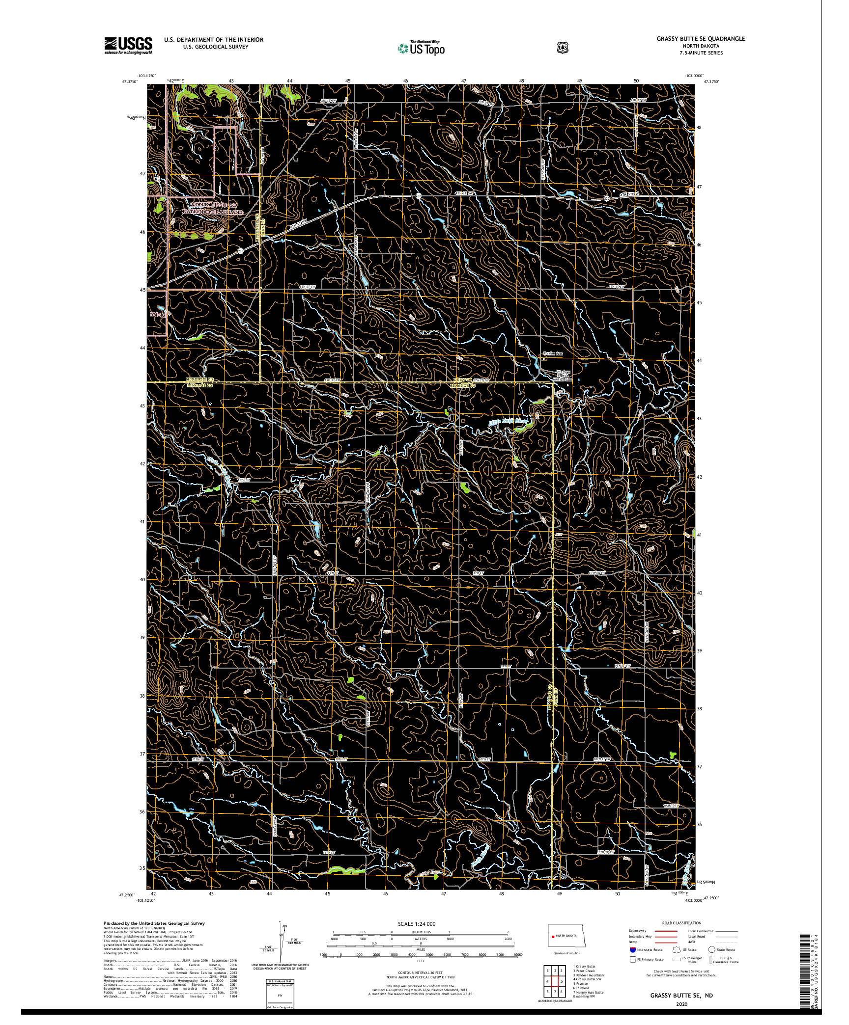 USGS US TOPO 7.5-MINUTE MAP FOR GRASSY BUTTE SE, ND 2020