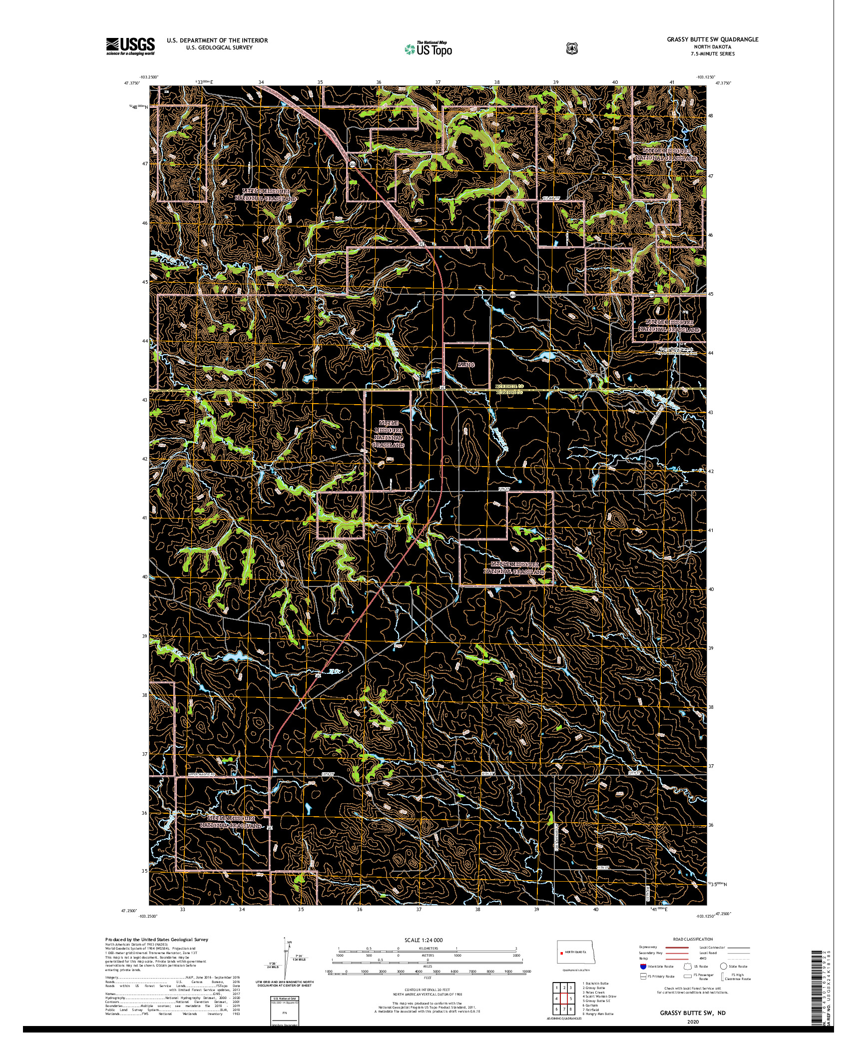 USGS US TOPO 7.5-MINUTE MAP FOR GRASSY BUTTE SW, ND 2020