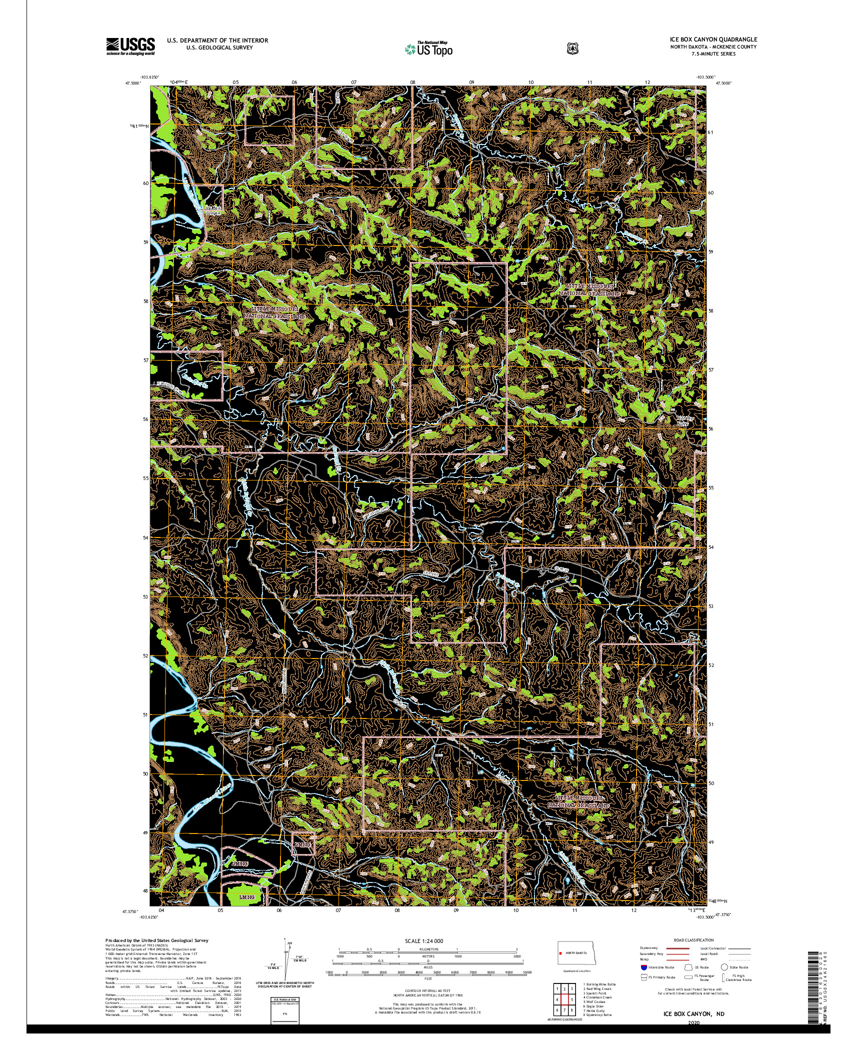 USGS US TOPO 7.5-MINUTE MAP FOR ICE BOX CANYON, ND 2020