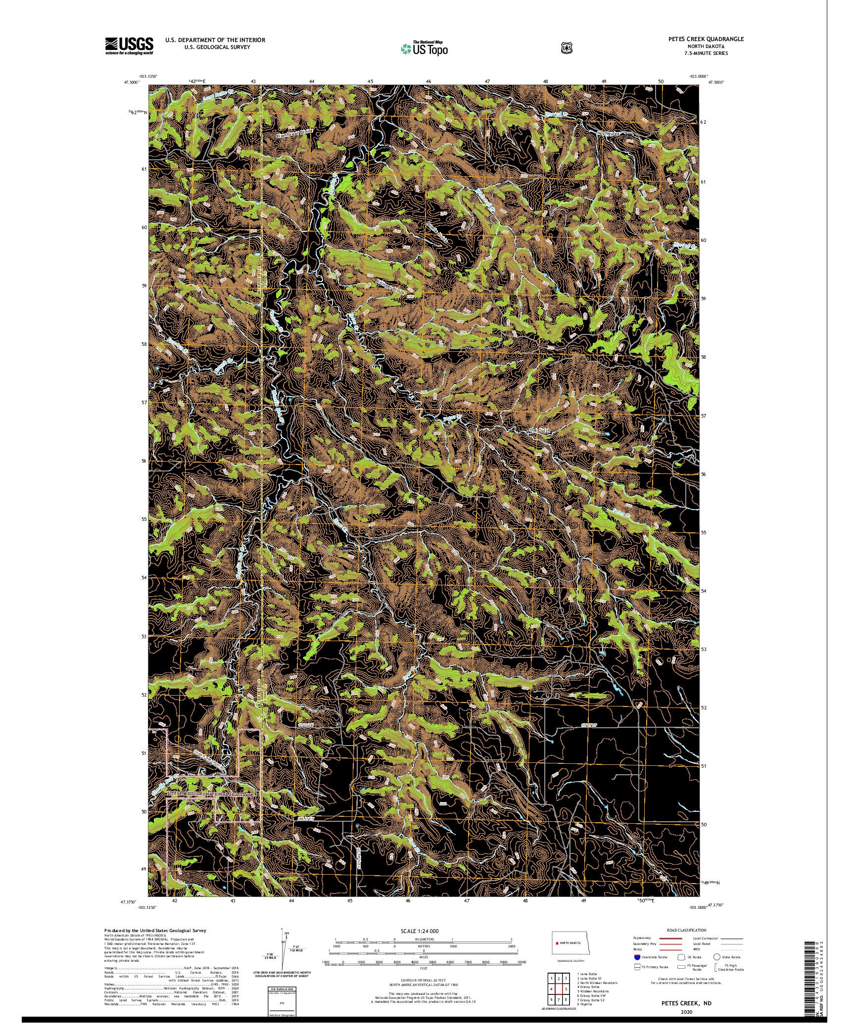 USGS US TOPO 7.5-MINUTE MAP FOR PETES CREEK, ND 2020