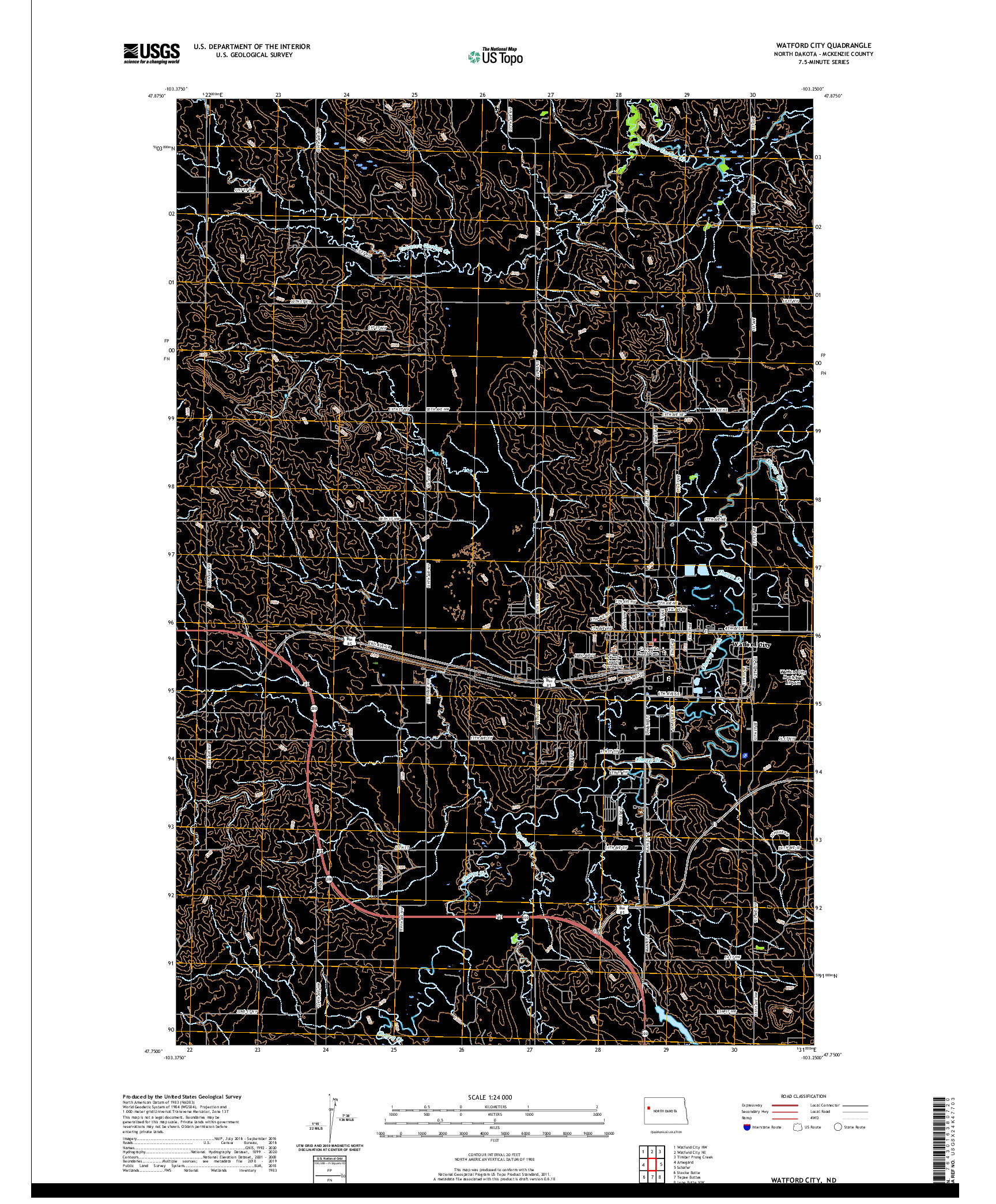 USGS US TOPO 7.5-MINUTE MAP FOR WATFORD CITY, ND 2020
