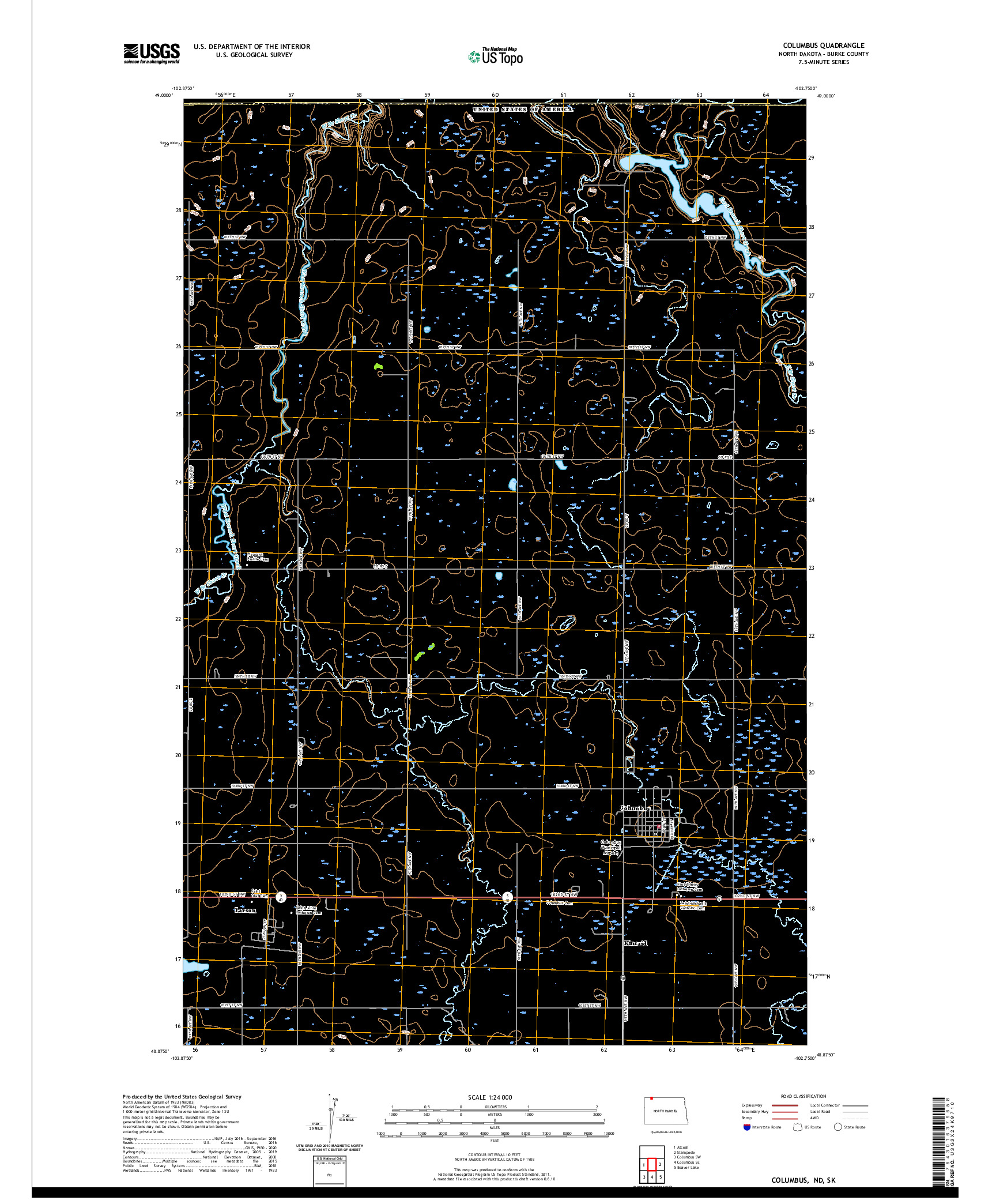 USGS US TOPO 7.5-MINUTE MAP FOR COLUMBUS, ND,SK 2020