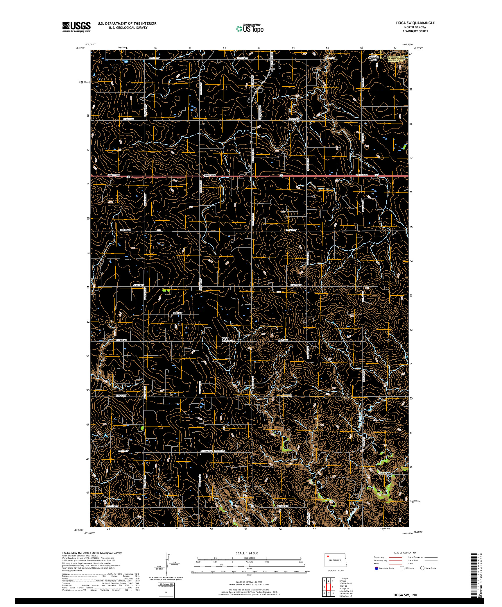 USGS US TOPO 7.5-MINUTE MAP FOR TIOGA SW, ND 2020