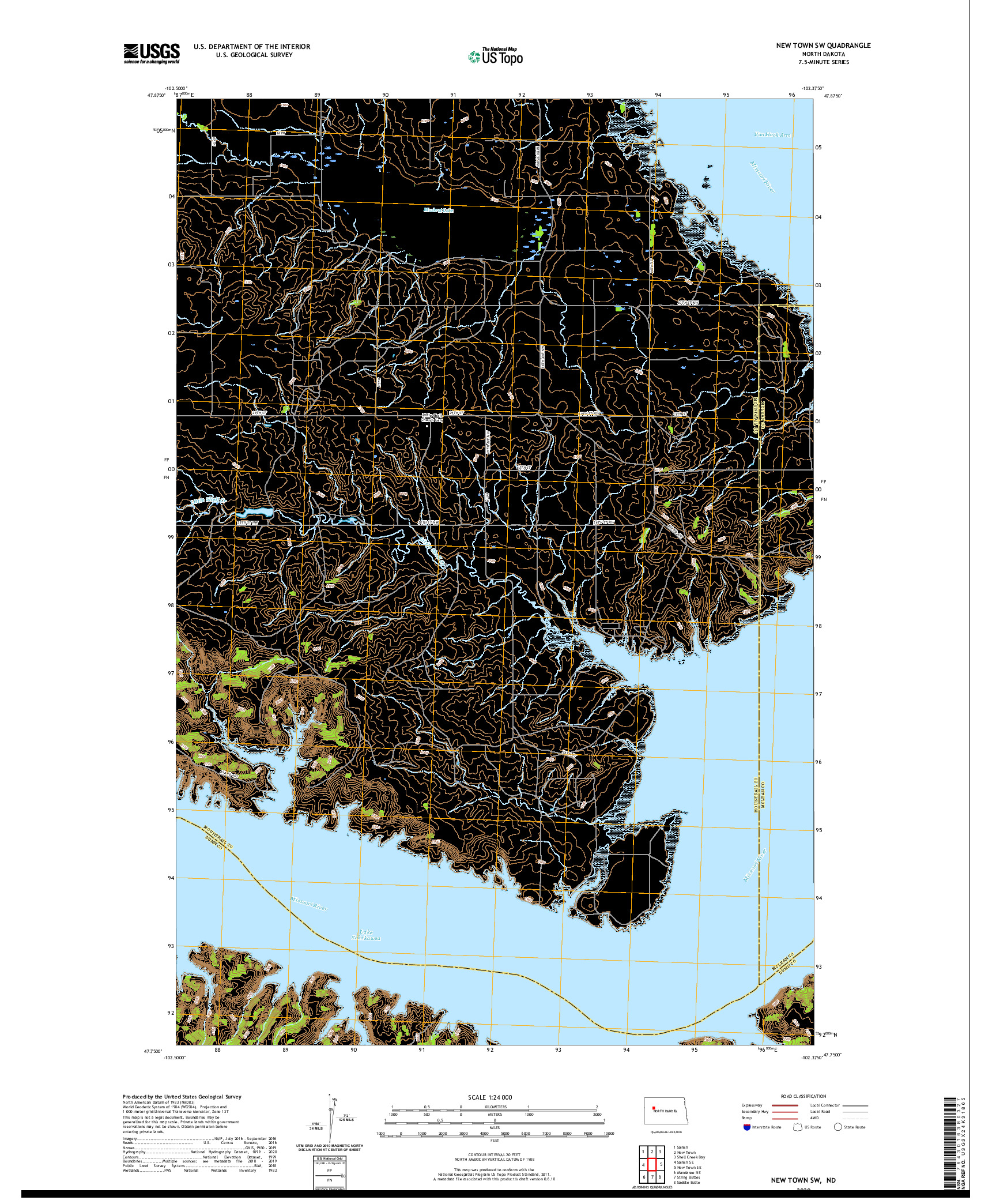 USGS US TOPO 7.5-MINUTE MAP FOR NEW TOWN SW, ND 2020