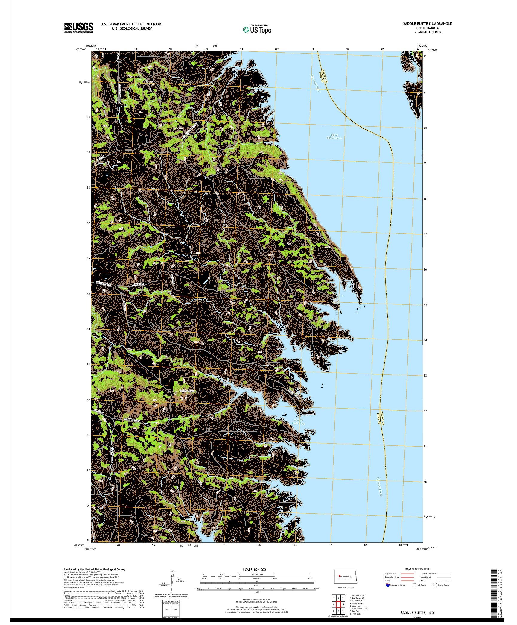 USGS US TOPO 7.5-MINUTE MAP FOR SADDLE BUTTE, ND 2020