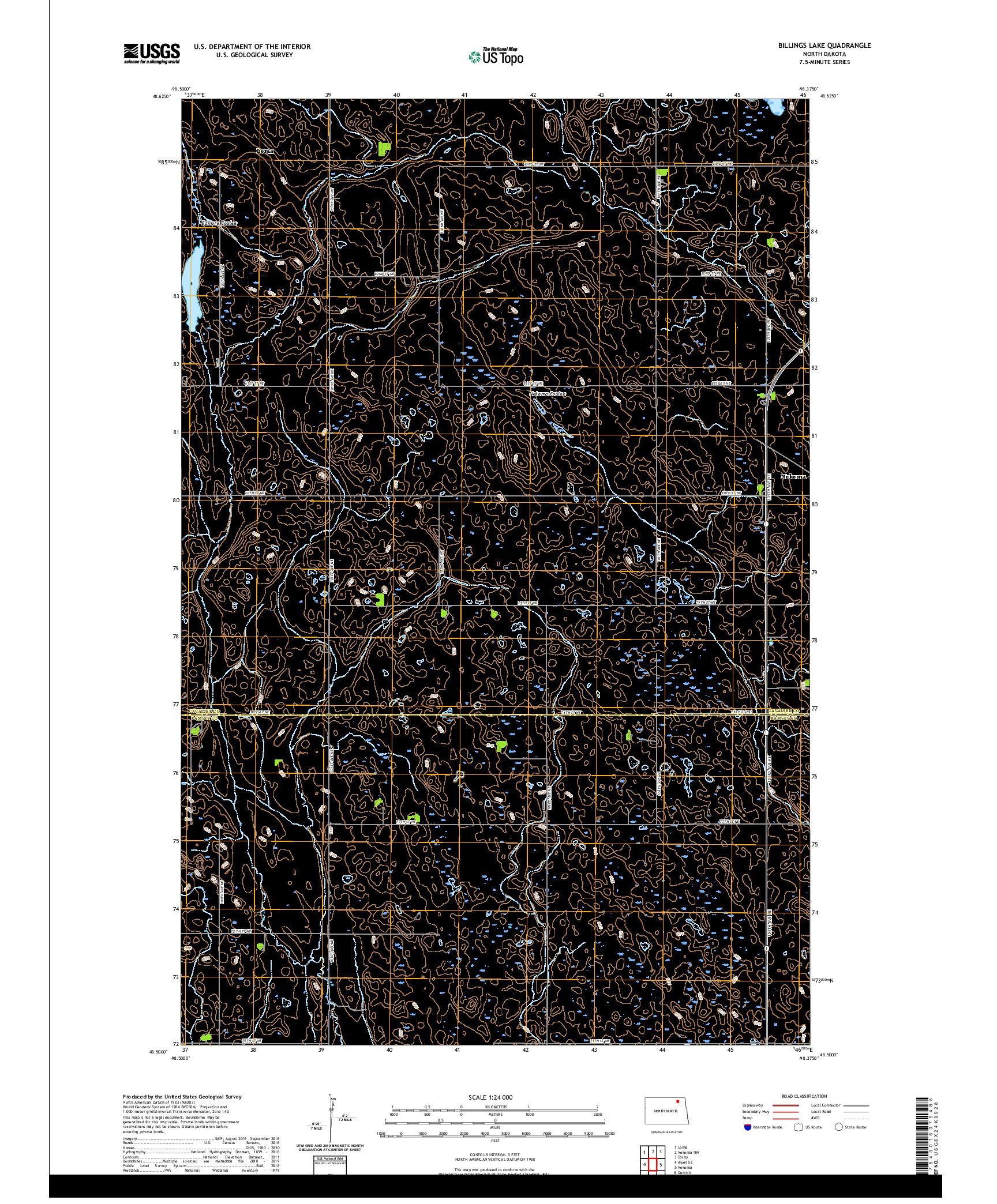 USGS US TOPO 7.5-MINUTE MAP FOR BILLINGS LAKE, ND 2020