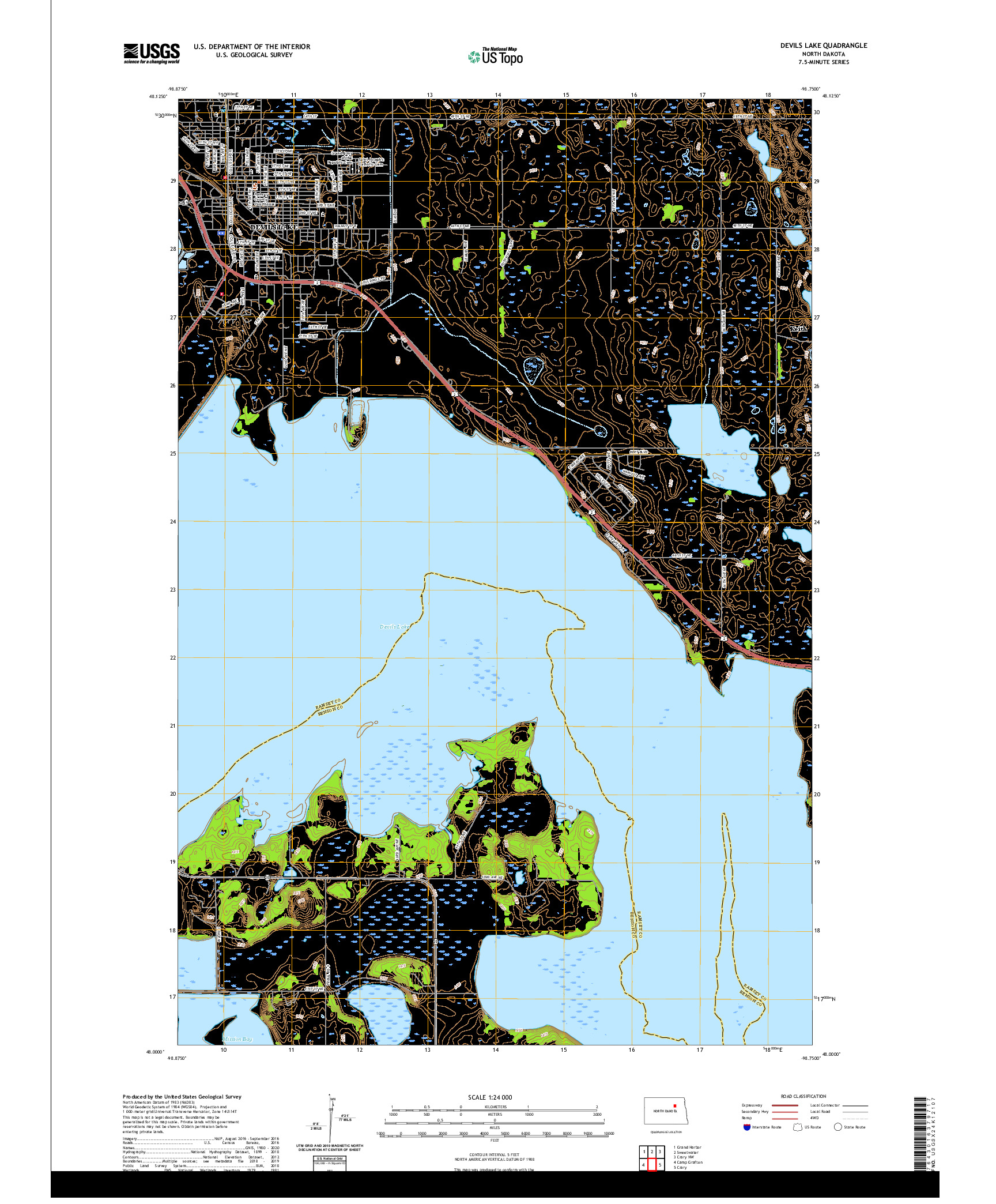 USGS US TOPO 7.5-MINUTE MAP FOR DEVILS LAKE, ND 2020