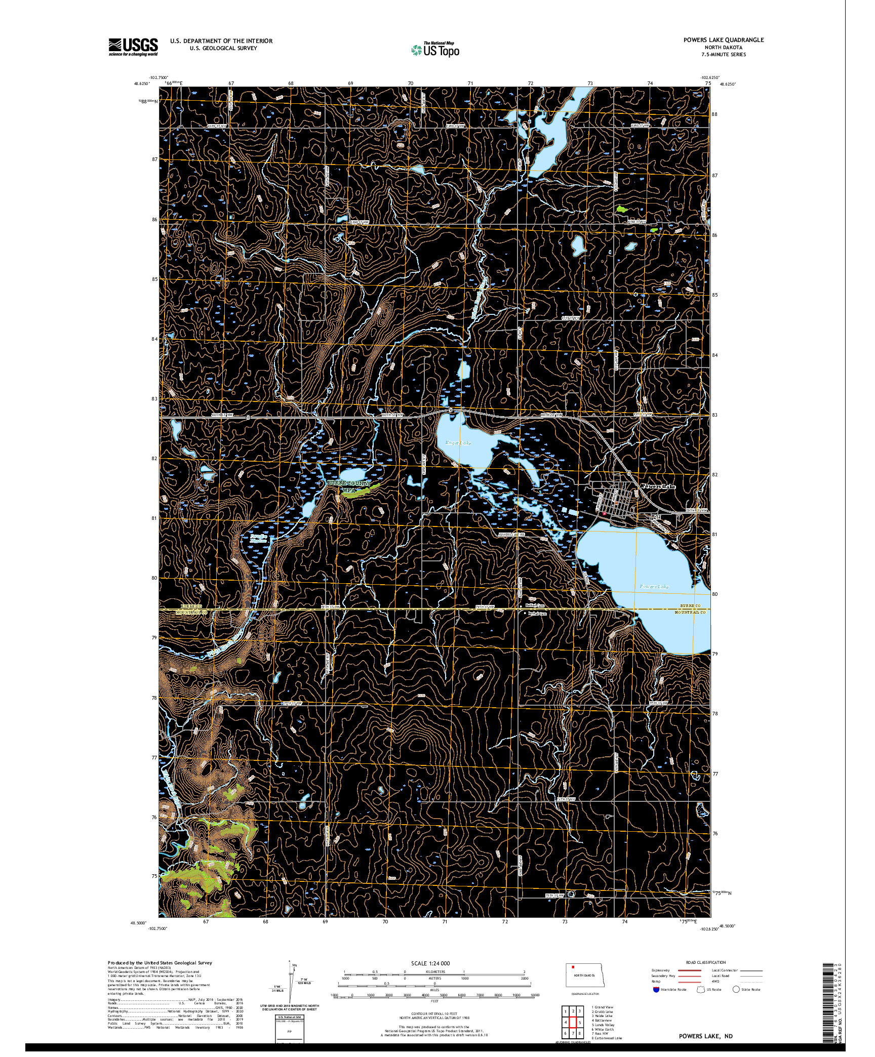 USGS US TOPO 7.5-MINUTE MAP FOR POWERS LAKE, ND 2020