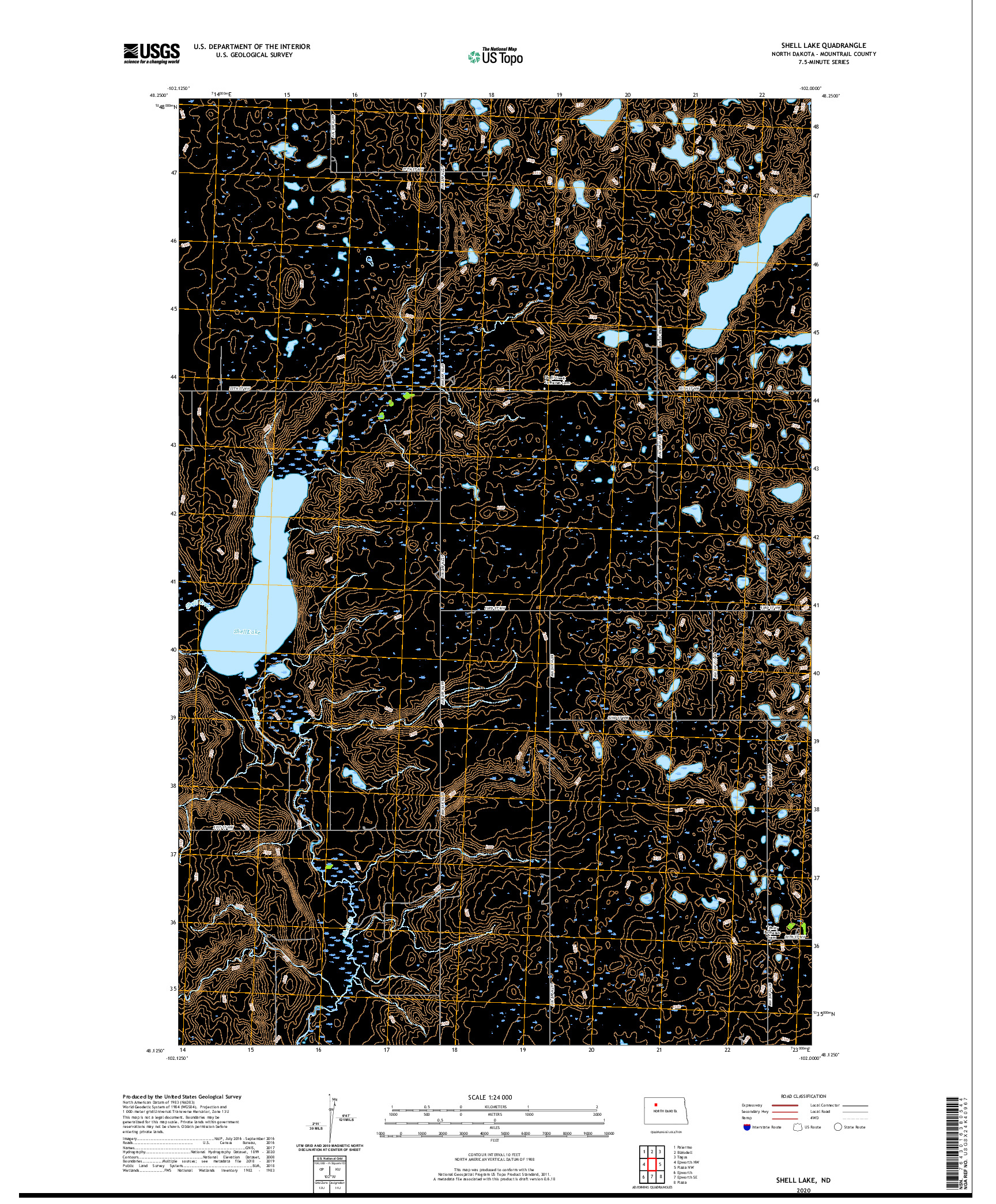 USGS US TOPO 7.5-MINUTE MAP FOR SHELL LAKE, ND 2020