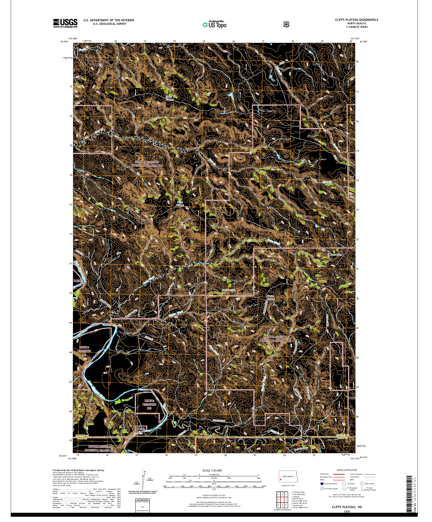 USGS US TOPO 7.5-MINUTE MAP FOR CLIFFS PLATEAU, ND 2020