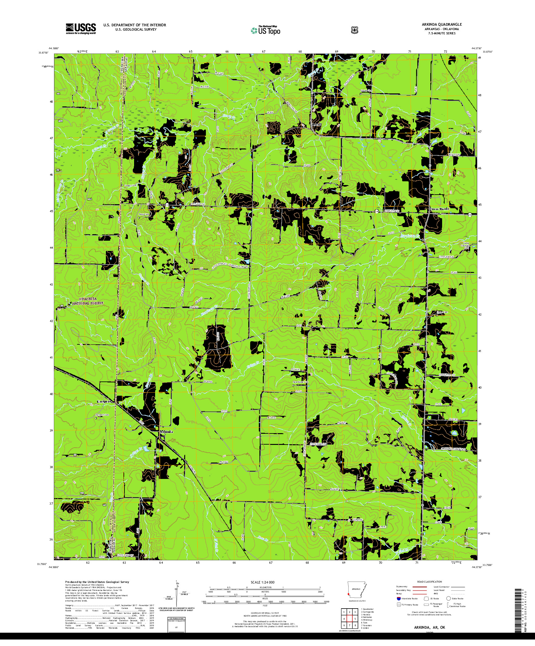 USGS US TOPO 7.5-MINUTE MAP FOR ARKINDA, AR,OK 2020