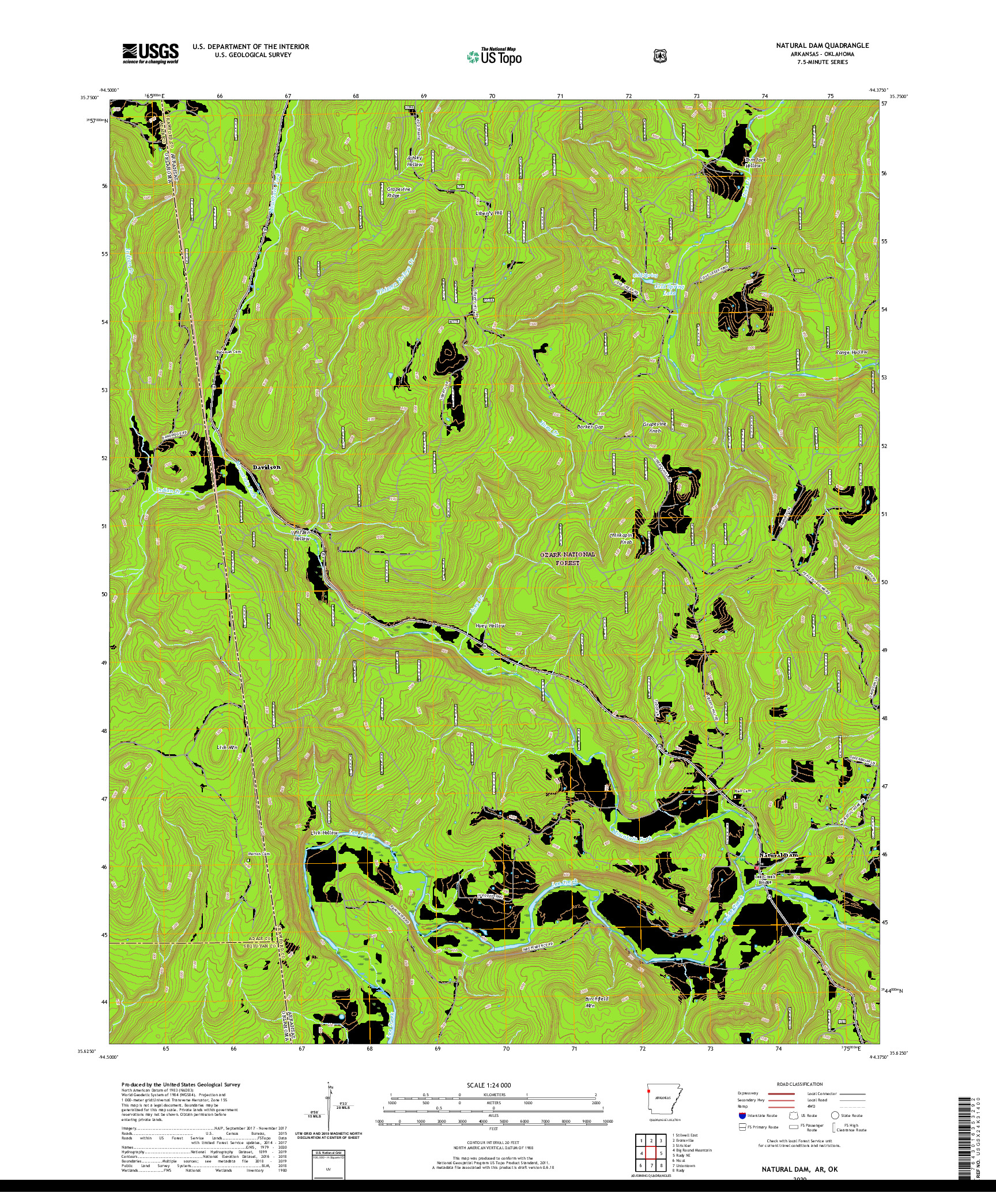 USGS US TOPO 7.5-MINUTE MAP FOR NATURAL DAM, AR,OK 2020