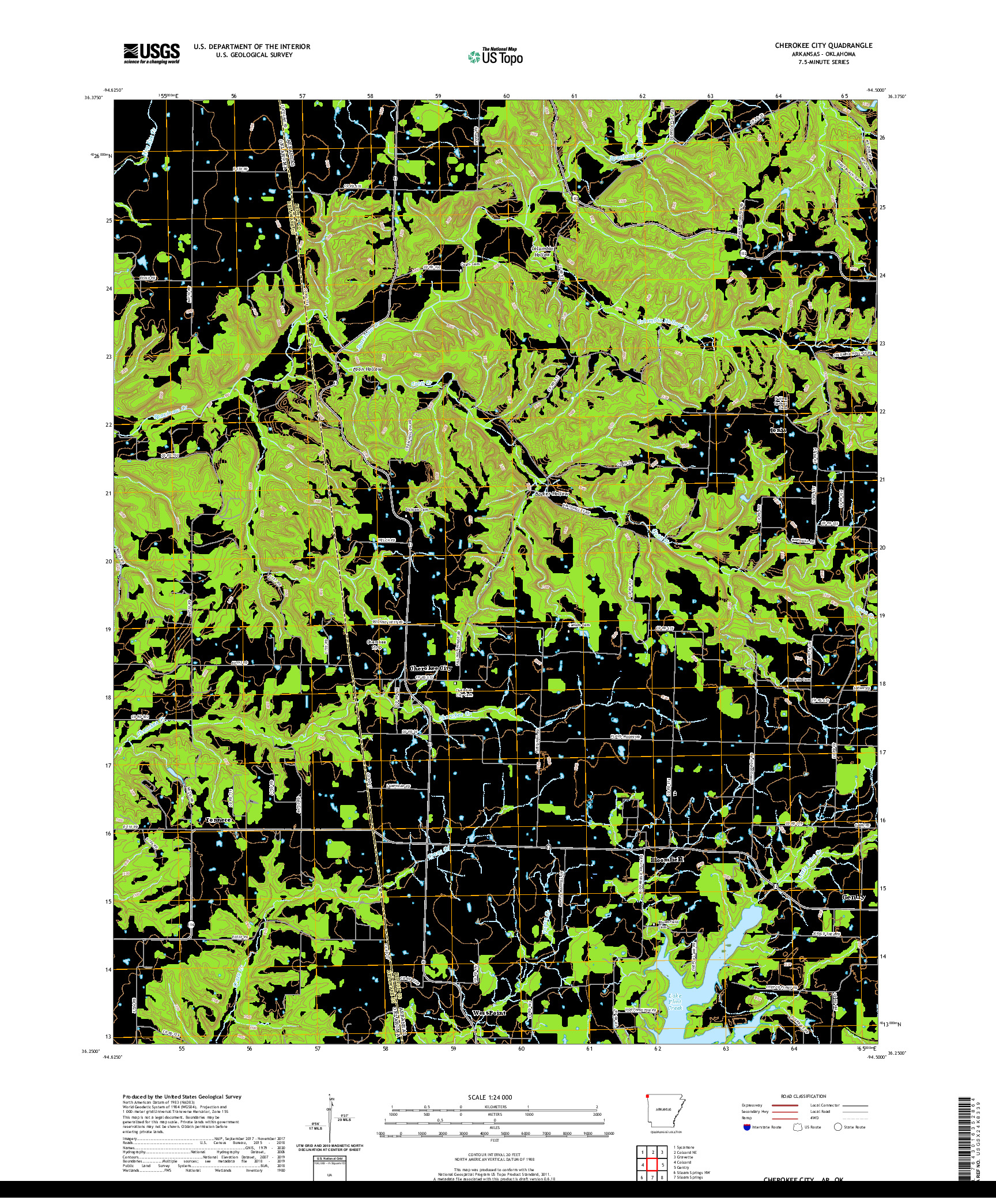 USGS US TOPO 7.5-MINUTE MAP FOR CHEROKEE CITY, AR,OK 2020