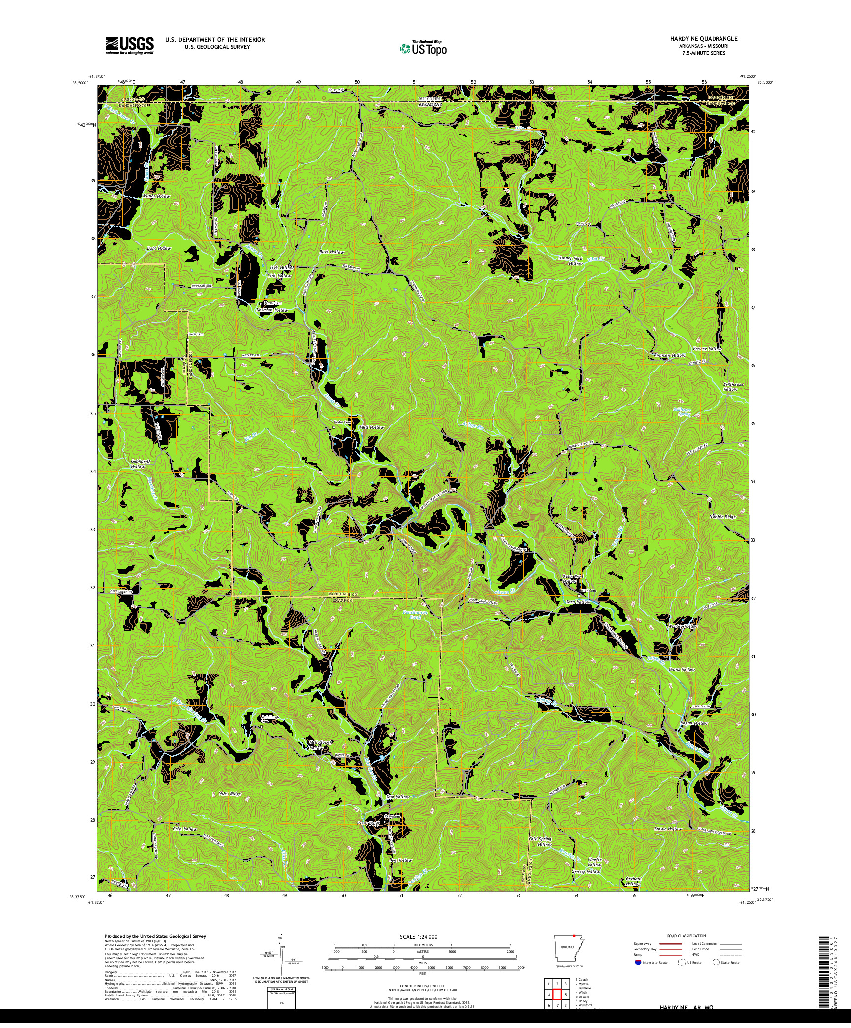 USGS US TOPO 7.5-MINUTE MAP FOR HARDY NE, AR,MO 2020