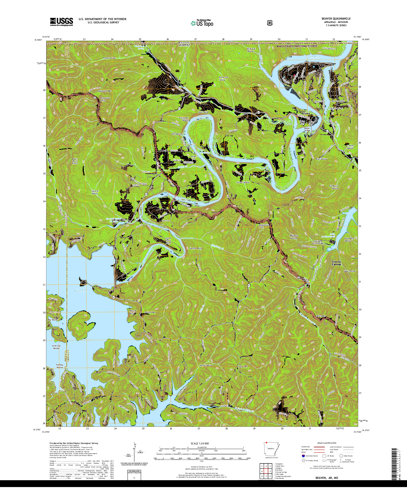 USGS US TOPO 7.5-MINUTE MAP FOR BEAVER, AR,MO 2020