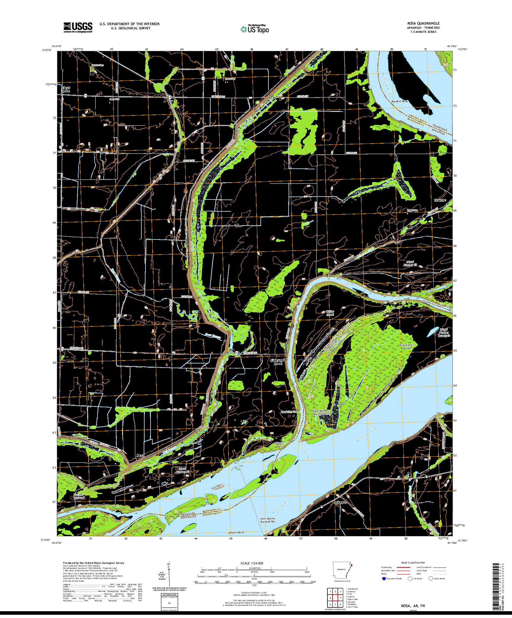 USGS US TOPO 7.5-MINUTE MAP FOR ROSA, AR,TN 2020