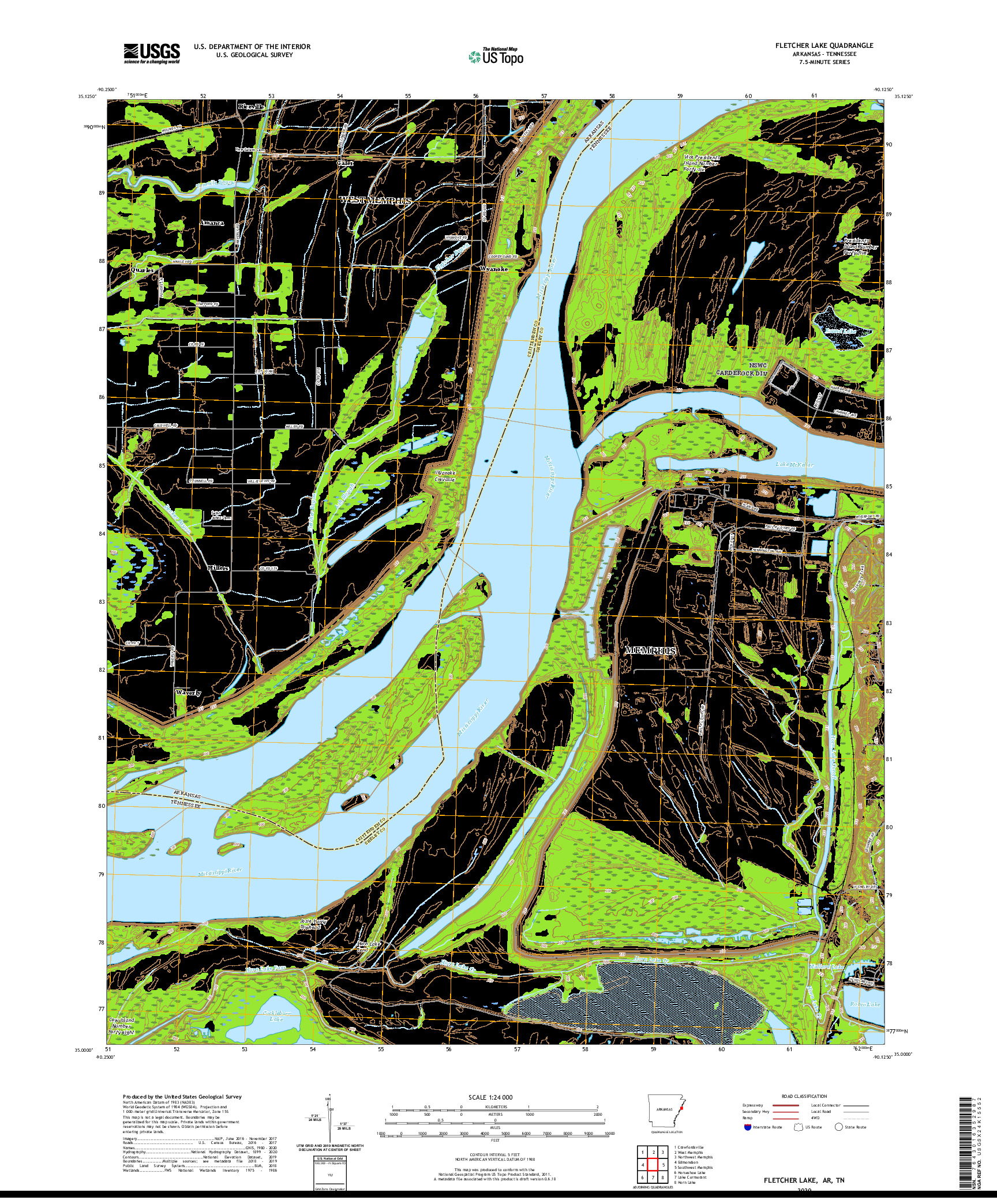 USGS US TOPO 7.5-MINUTE MAP FOR FLETCHER LAKE, AR,TN 2020