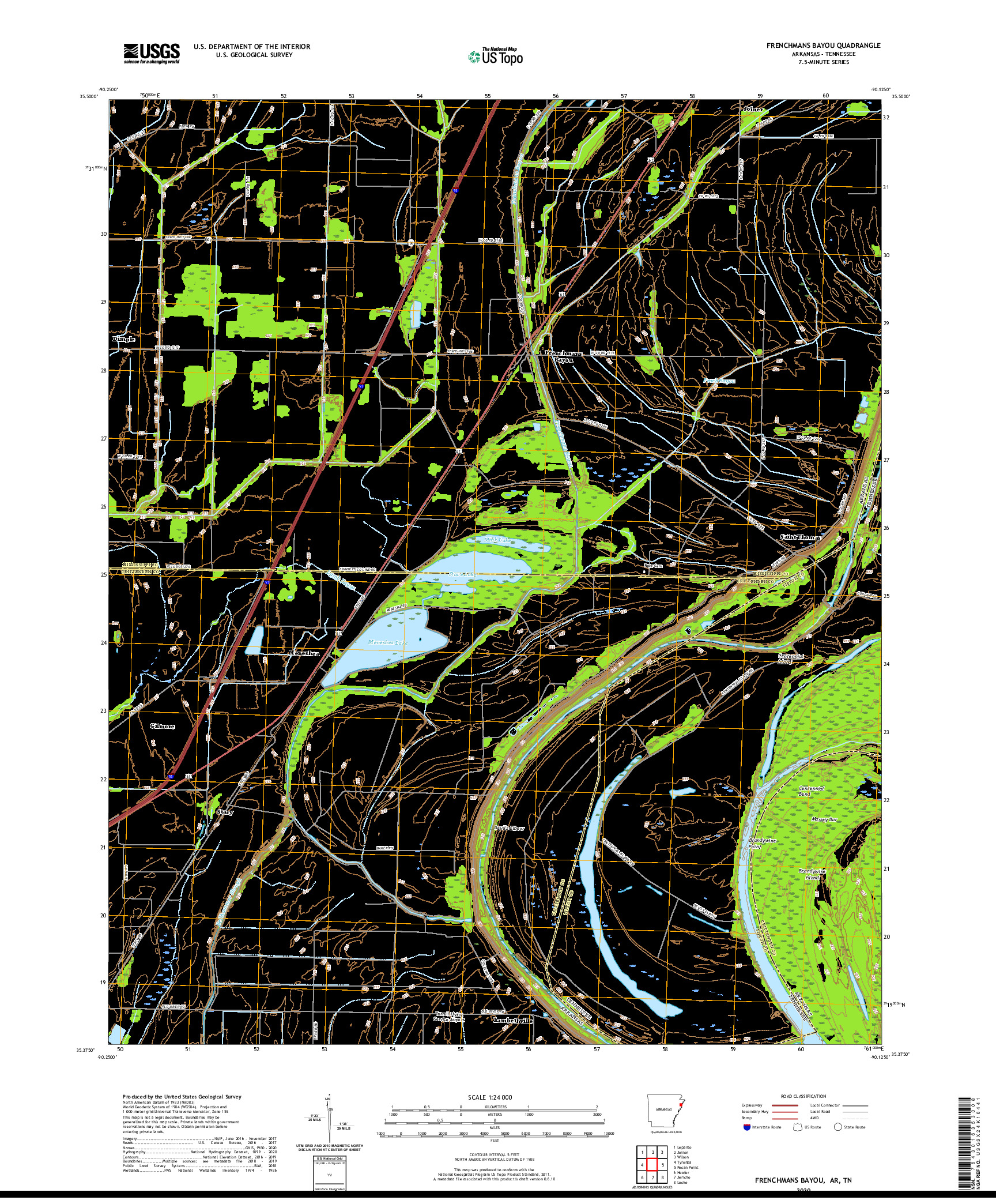 USGS US TOPO 7.5-MINUTE MAP FOR FRENCHMANS BAYOU, AR,TN 2020