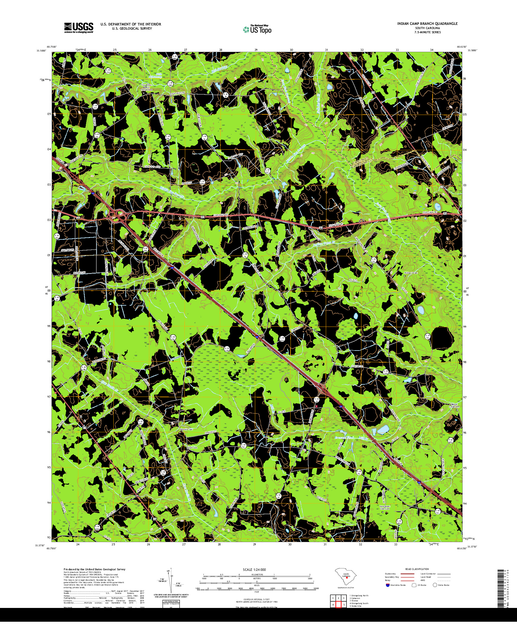 USGS US TOPO 7.5-MINUTE MAP FOR INDIAN CAMP BRANCH, SC 2020