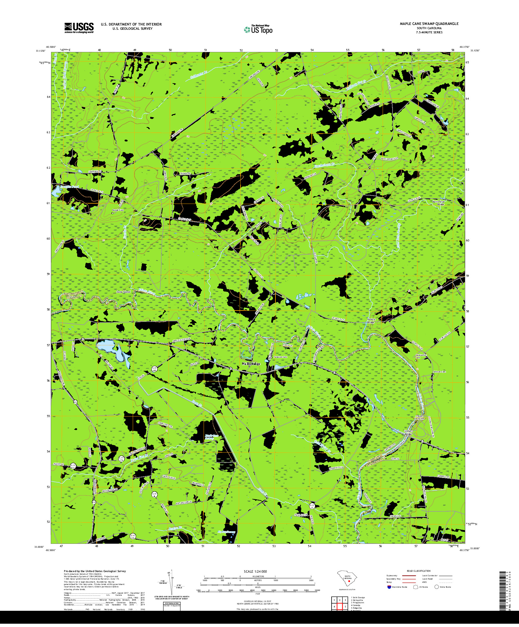 USGS US TOPO 7.5-MINUTE MAP FOR MAPLE CANE SWAMP, SC 2020