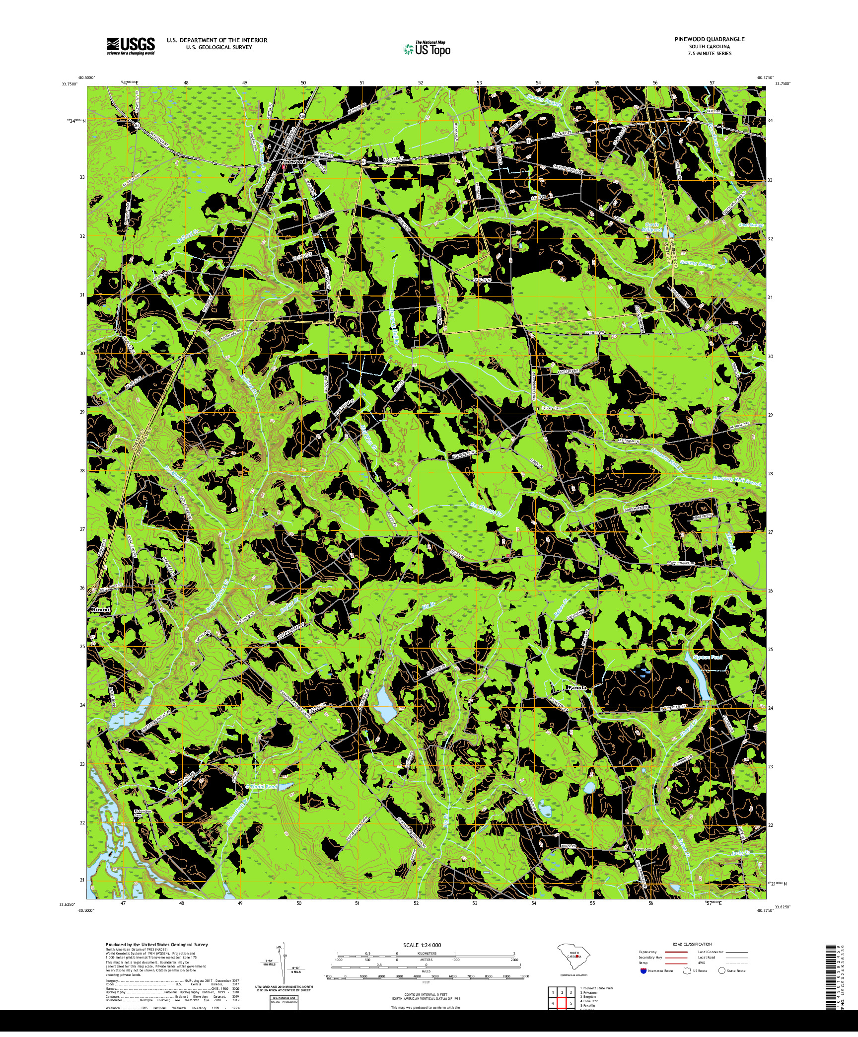 USGS US TOPO 7.5-MINUTE MAP FOR PINEWOOD, SC 2020