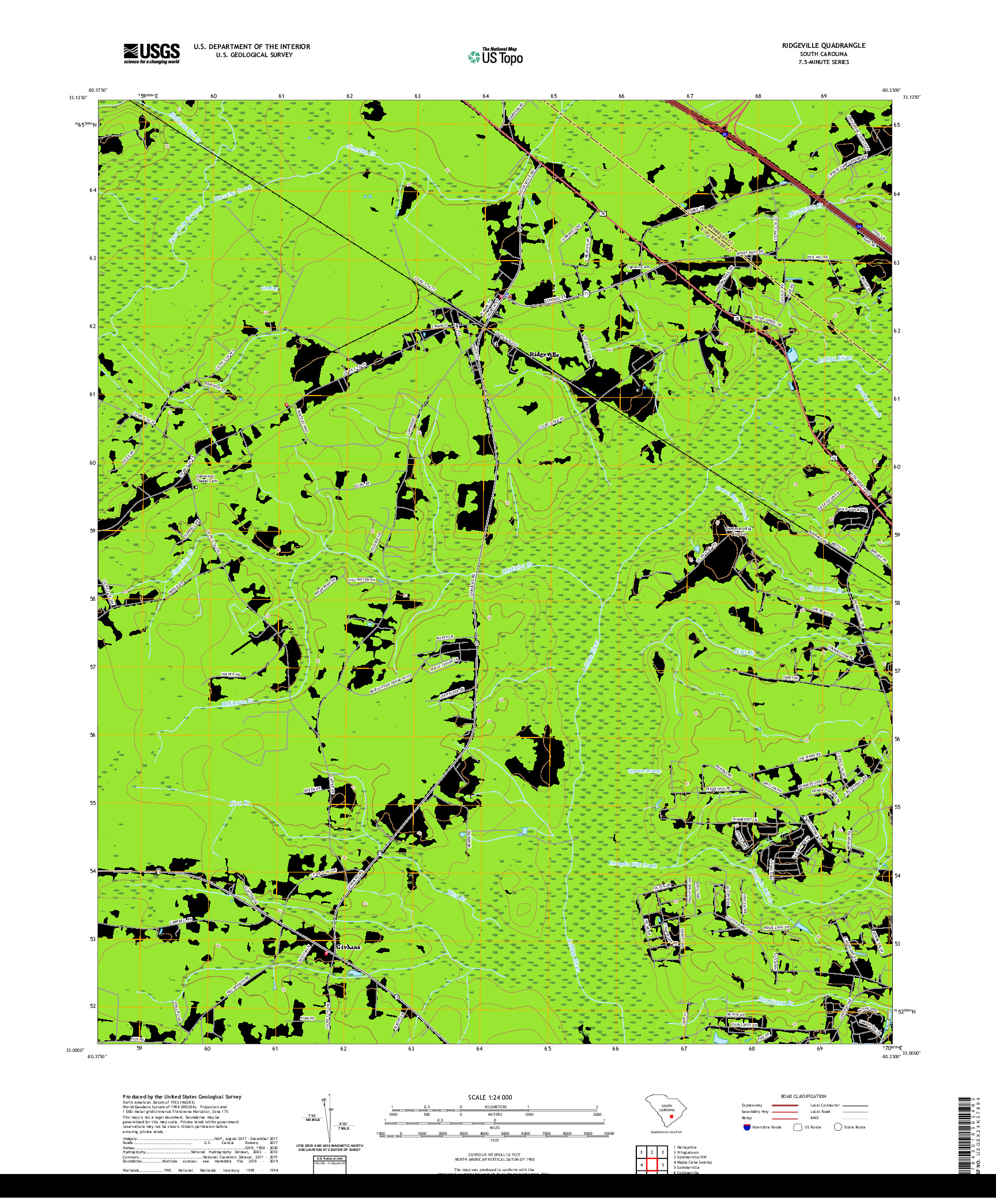 USGS US TOPO 7.5-MINUTE MAP FOR RIDGEVILLE, SC 2020