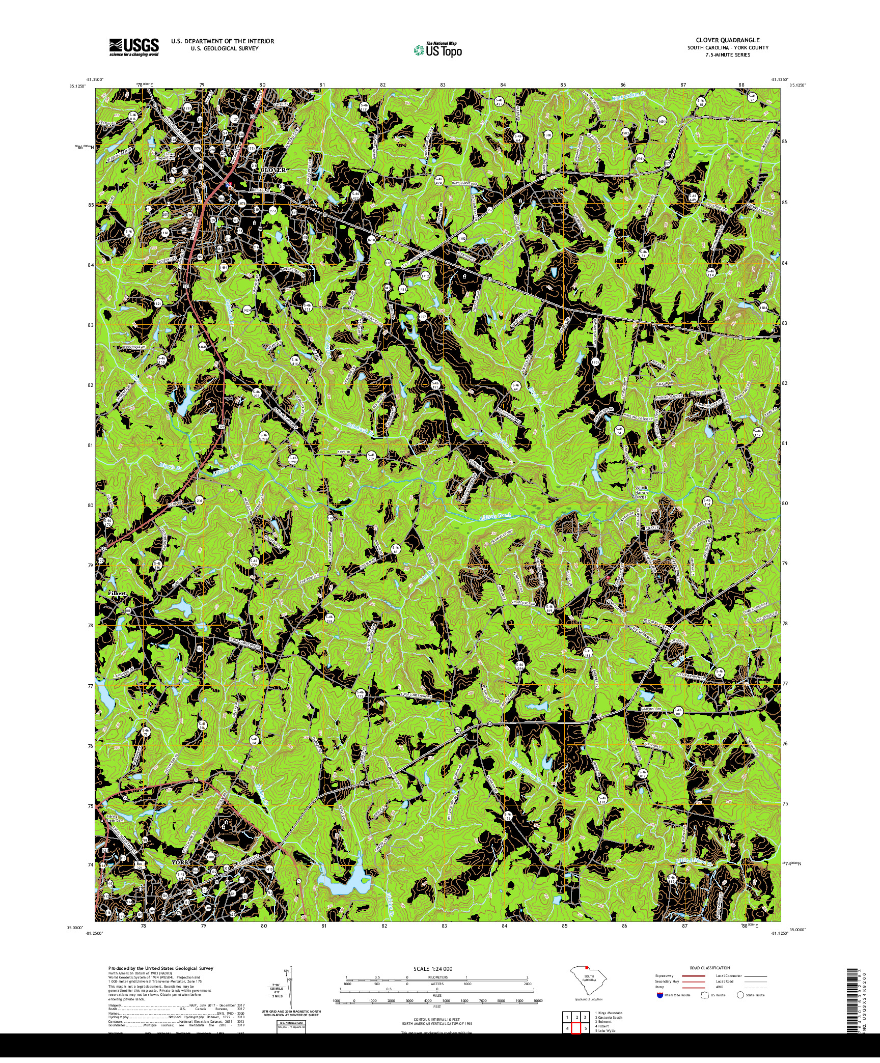 USGS US TOPO 7.5-MINUTE MAP FOR CLOVER, SC 2020