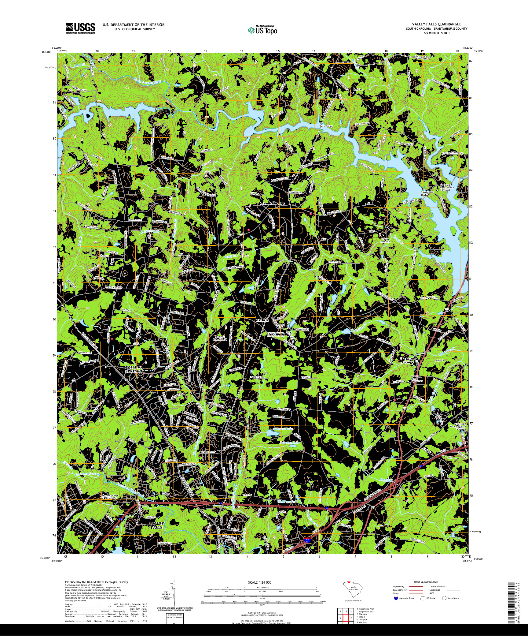 USGS US TOPO 7.5-MINUTE MAP FOR VALLEY FALLS, SC 2020