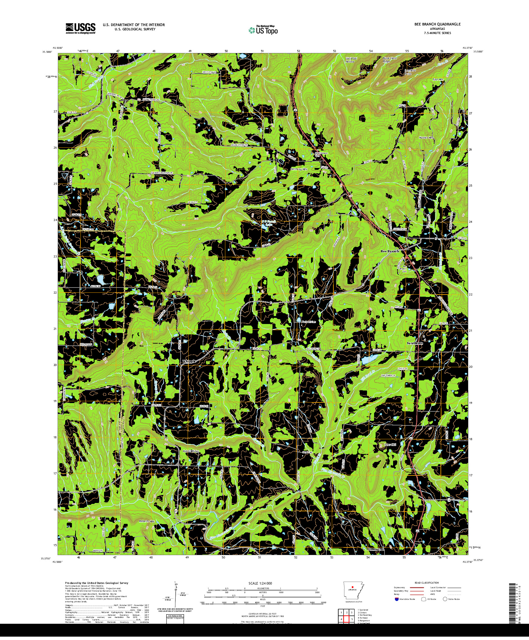 USGS US TOPO 7.5-MINUTE MAP FOR BEE BRANCH, AR 2020