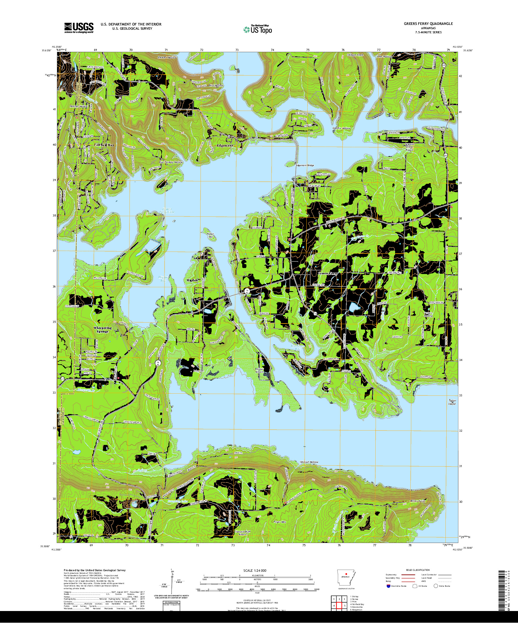 USGS US TOPO 7.5-MINUTE MAP FOR GREERS FERRY, AR 2020