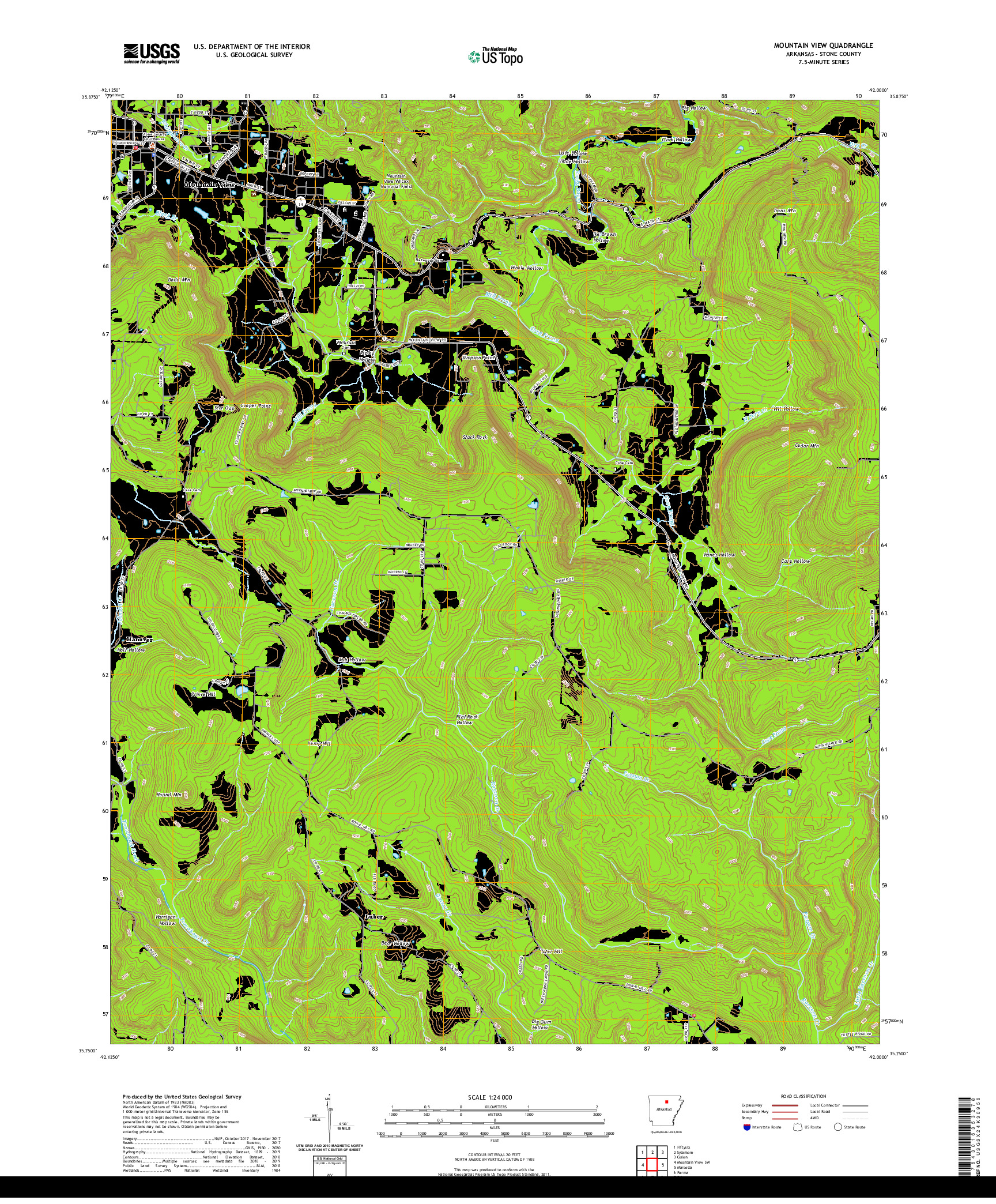 USGS US TOPO 7.5-MINUTE MAP FOR MOUNTAIN VIEW, AR 2020