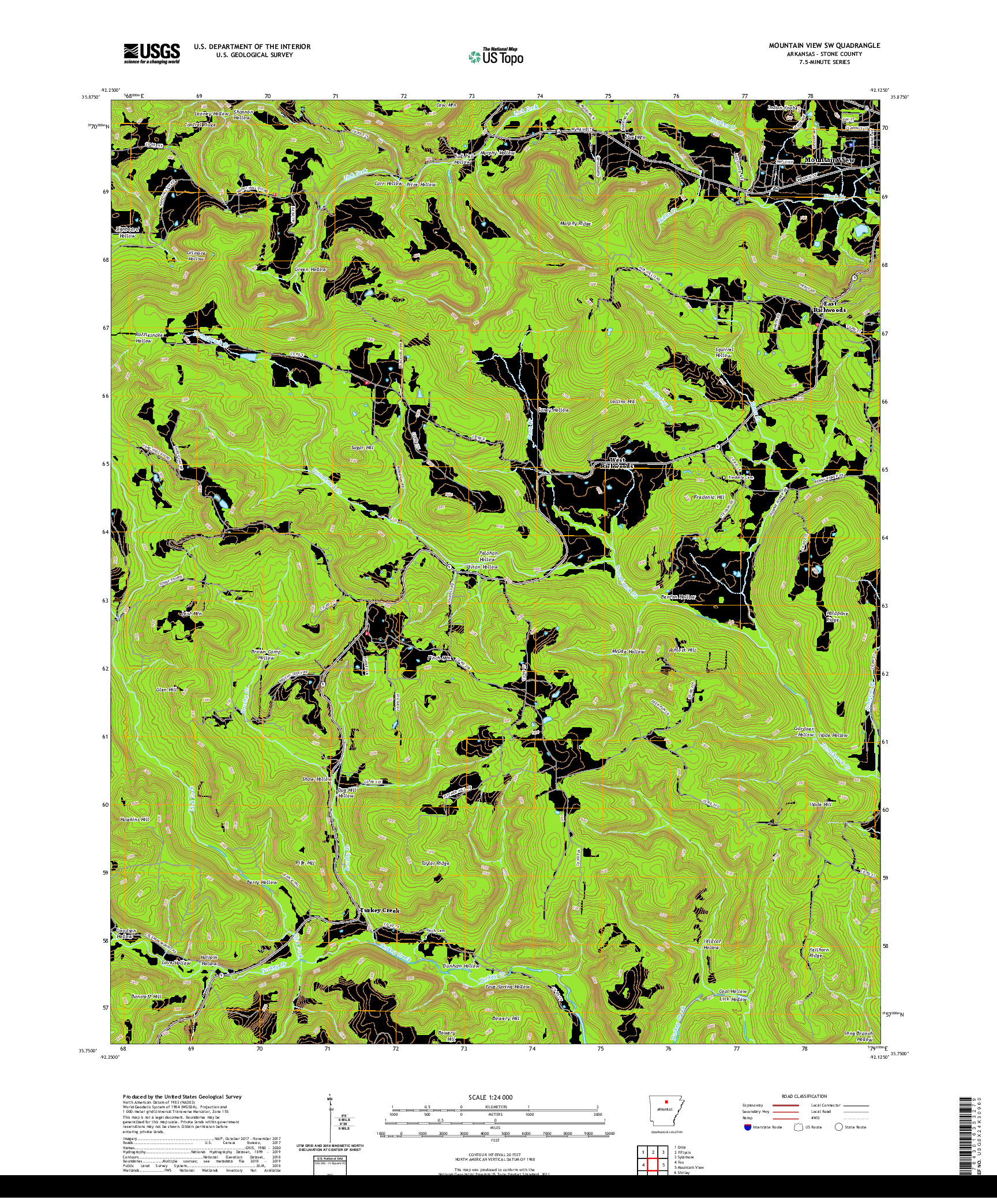 USGS US TOPO 7.5-MINUTE MAP FOR MOUNTAIN VIEW SW, AR 2020