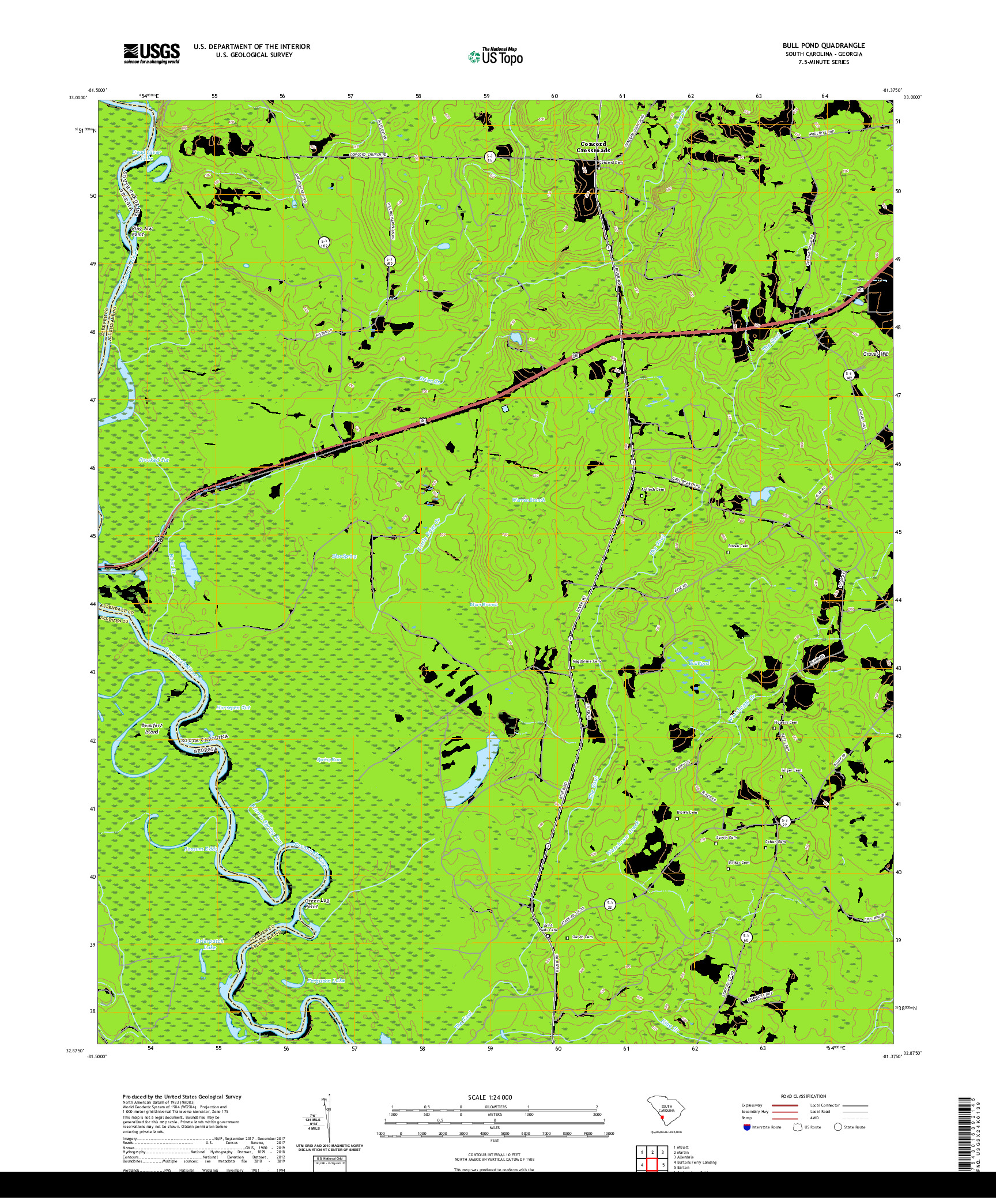 USGS US TOPO 7.5-MINUTE MAP FOR BULL POND, SC,GA 2020
