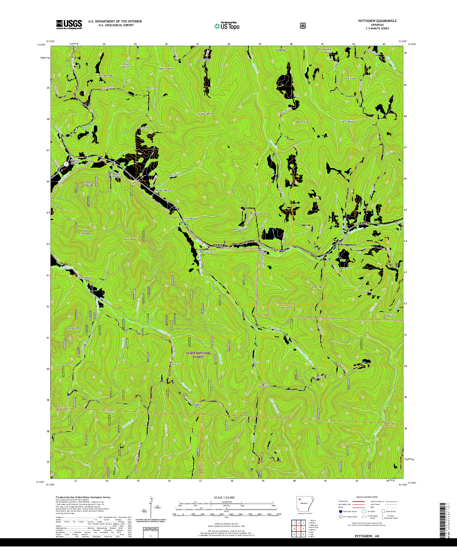 USGS US TOPO 7.5-MINUTE MAP FOR PETTIGREW, AR 2020