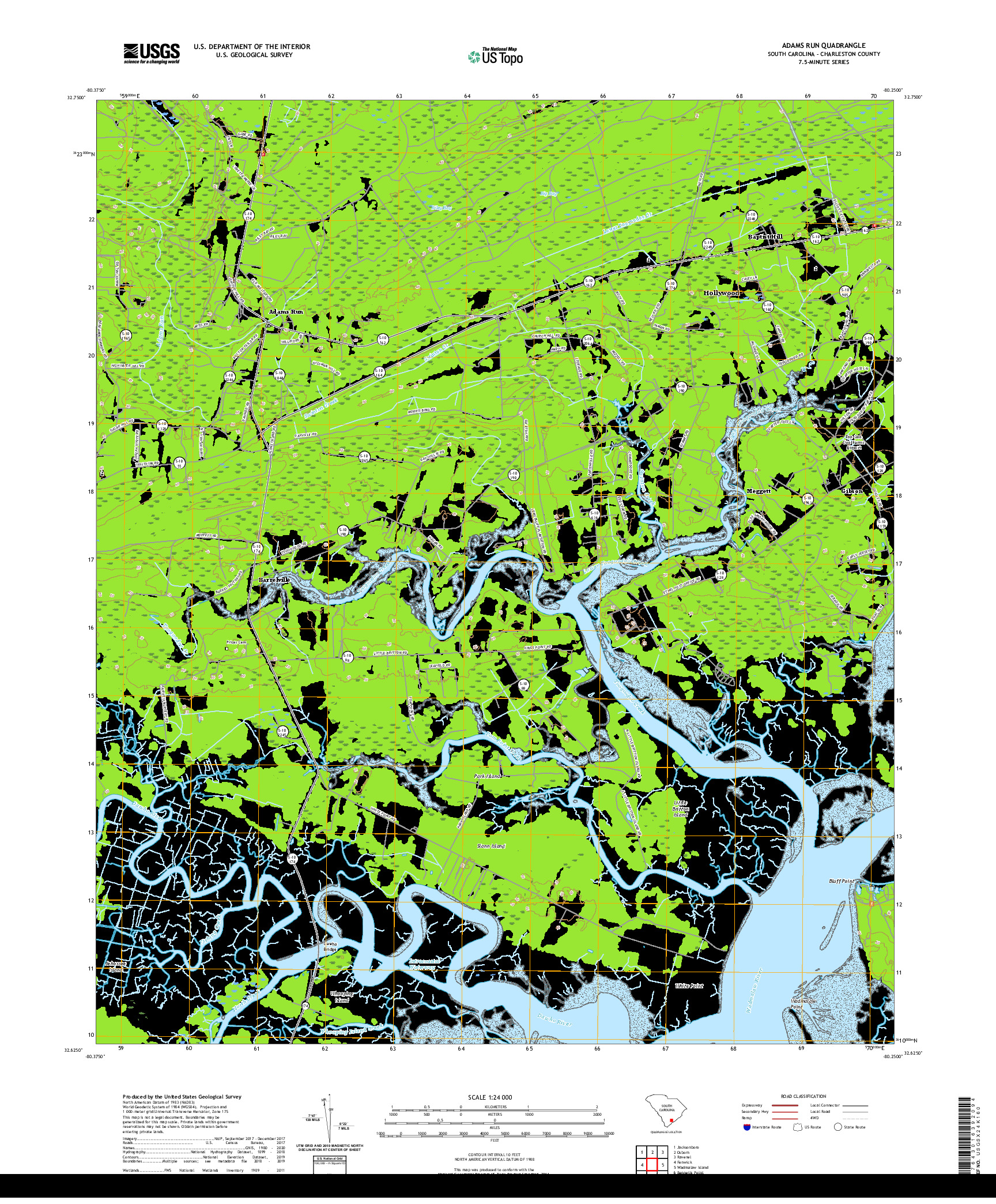 USGS US TOPO 7.5-MINUTE MAP FOR ADAMS RUN, SC 2020