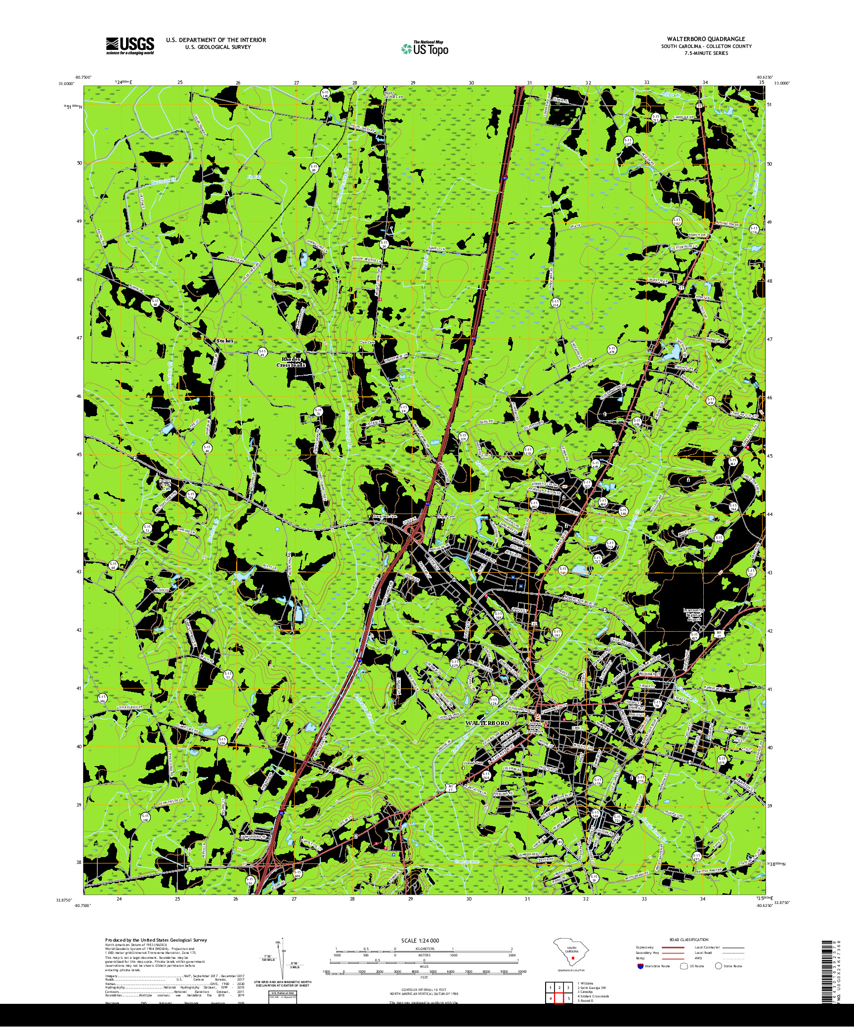 USGS US TOPO 7.5-MINUTE MAP FOR WALTERBORO, SC 2020