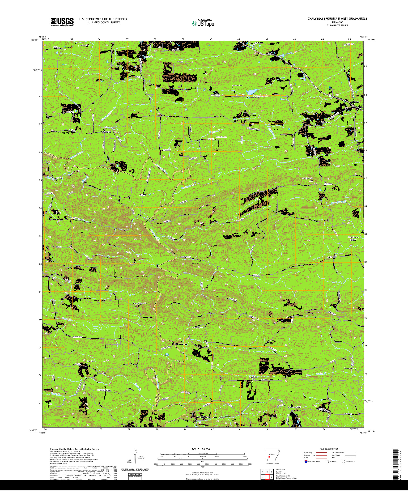 USGS US TOPO 7.5-MINUTE MAP FOR CHALYBEATE MOUNTAIN WEST, AR 2020