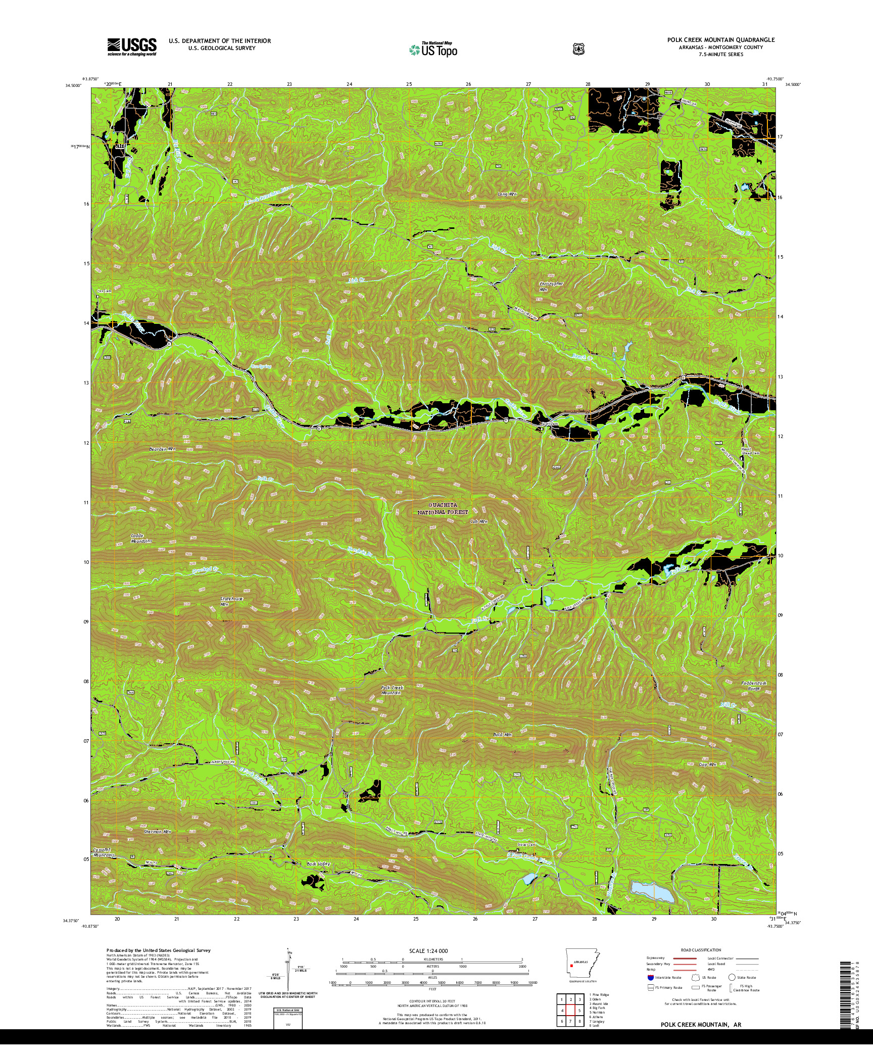 USGS US TOPO 7.5-MINUTE MAP FOR POLK CREEK MOUNTAIN, AR 2020