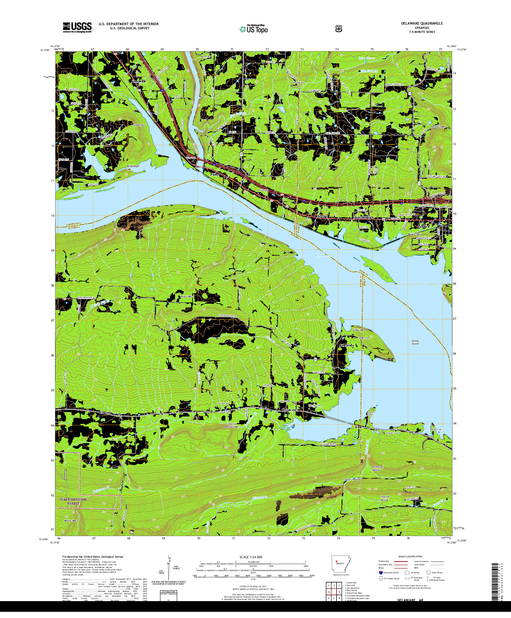 USGS US TOPO 7.5-MINUTE MAP FOR DELAWARE, AR 2020